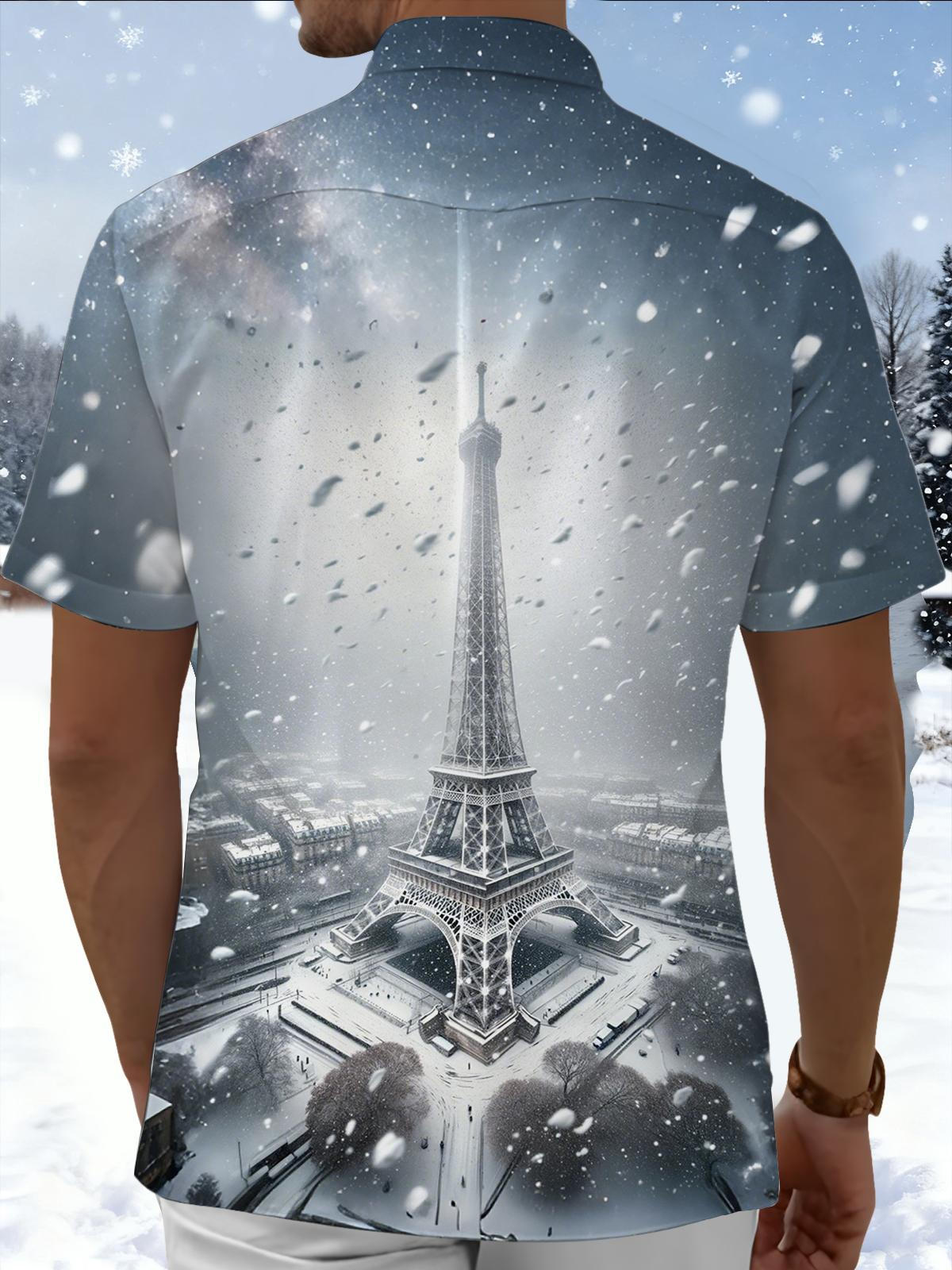 Winter Snow Eiffel Tower Print Men's Pocket Short Sleeve Shirts