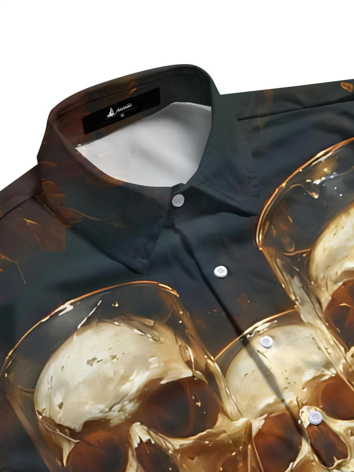 Skull Wine Glass Print Men's Pocket Short Sleeve Shirts