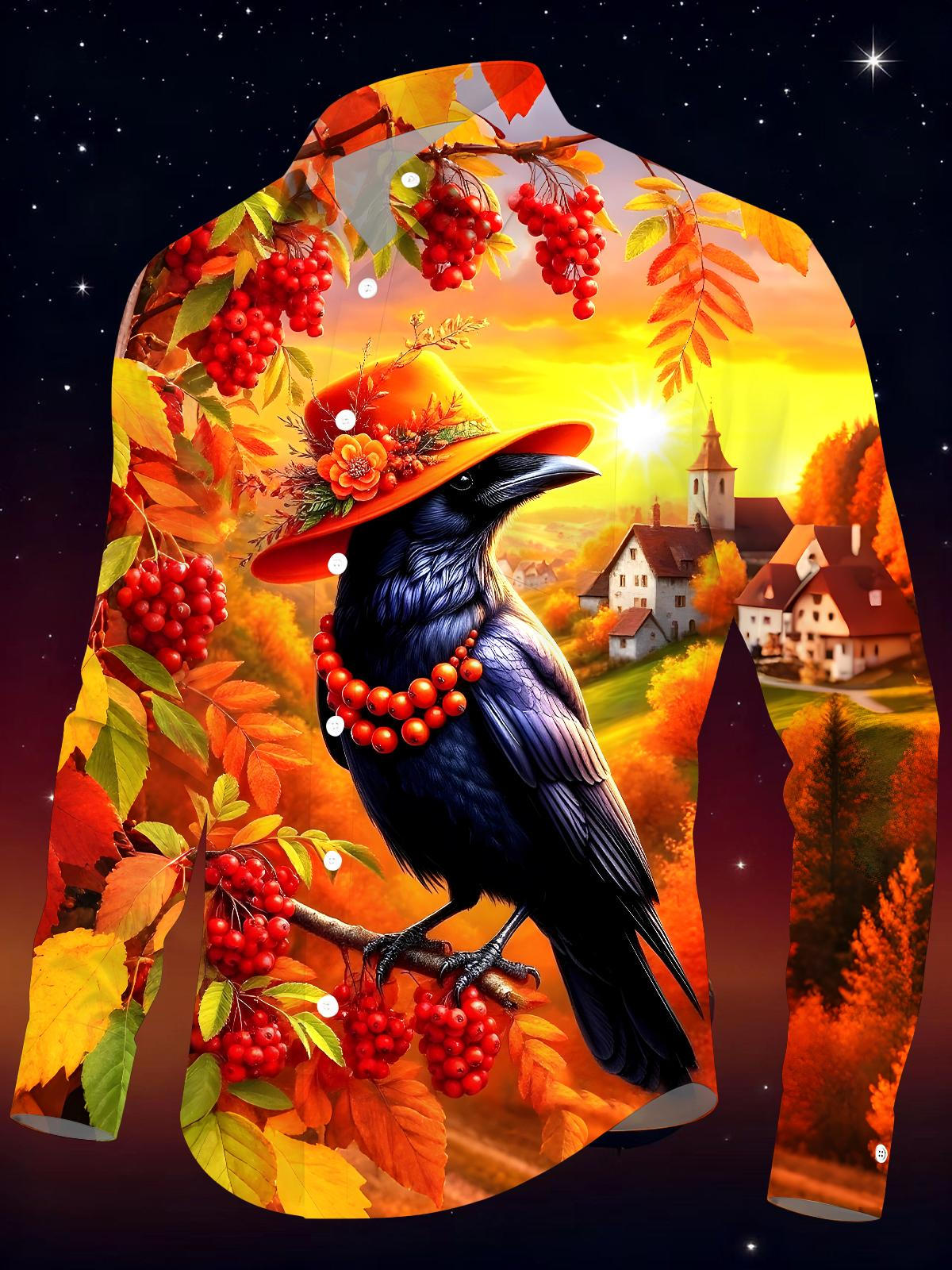 Autumn Bird Crow Men's Pocket Long Sleeve Shirts