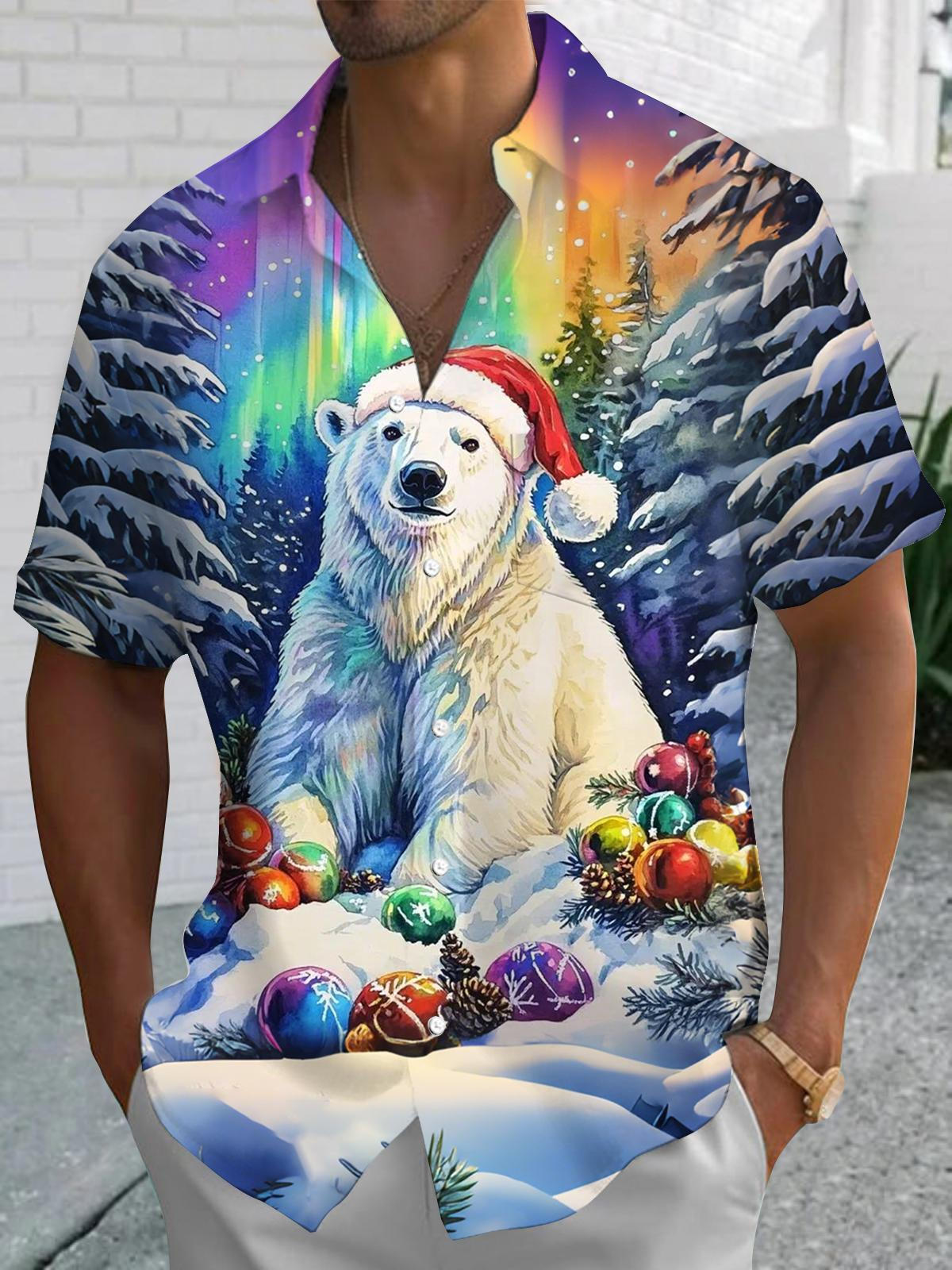 Christmas Polar Bear Print Men's Pocket Short Sleeve Shirts