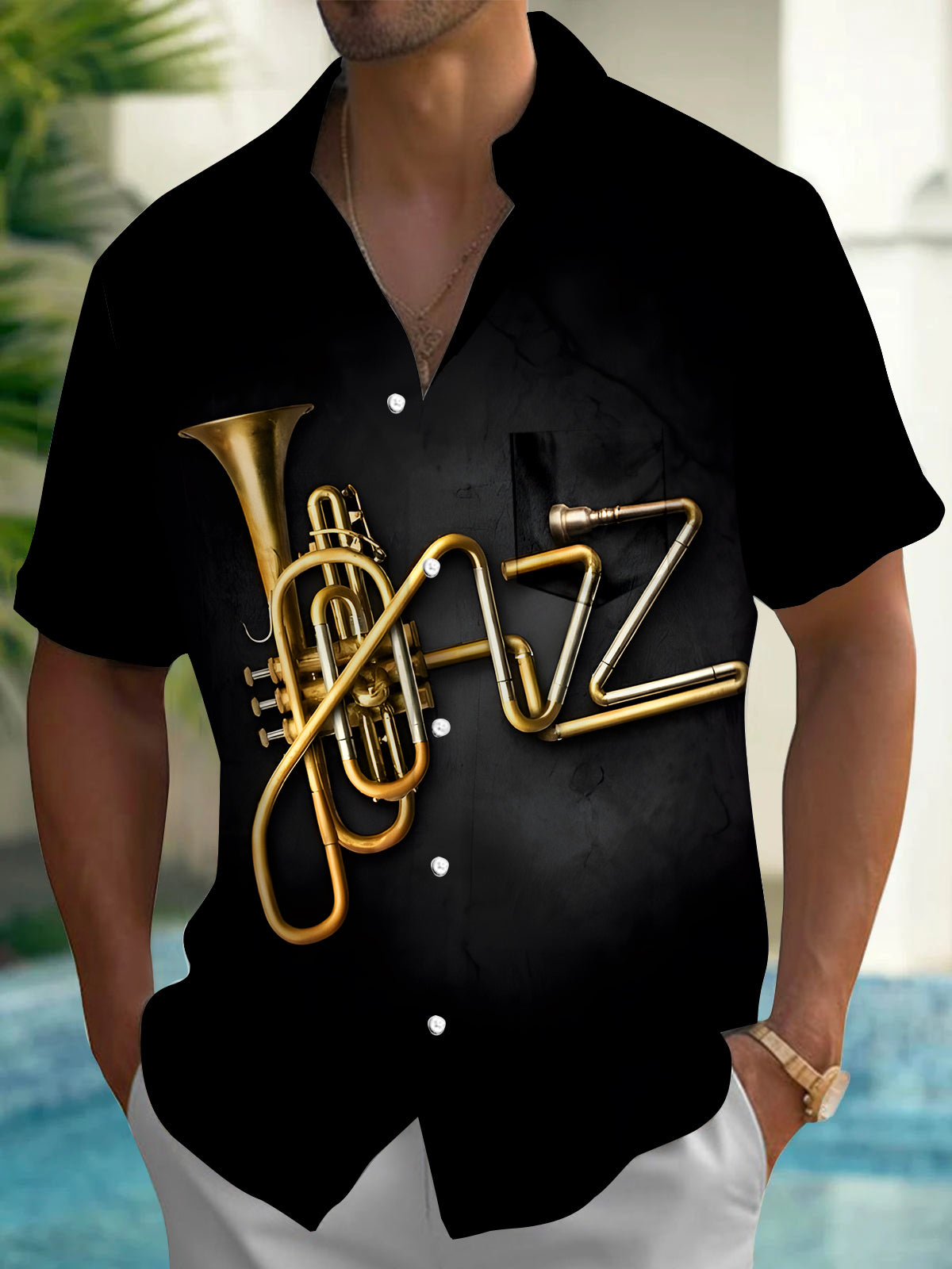 Jazz Trumpet Men's Pocket Short Sleeve Shirts