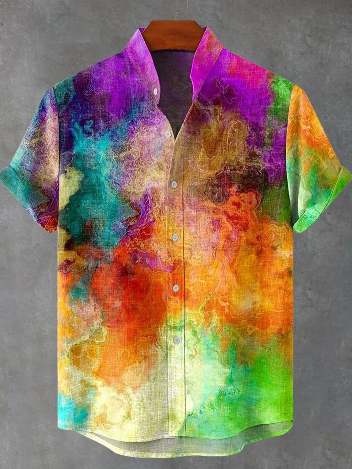 Abstract Men's Pocket Short Sleeve Stand Collar Shirts