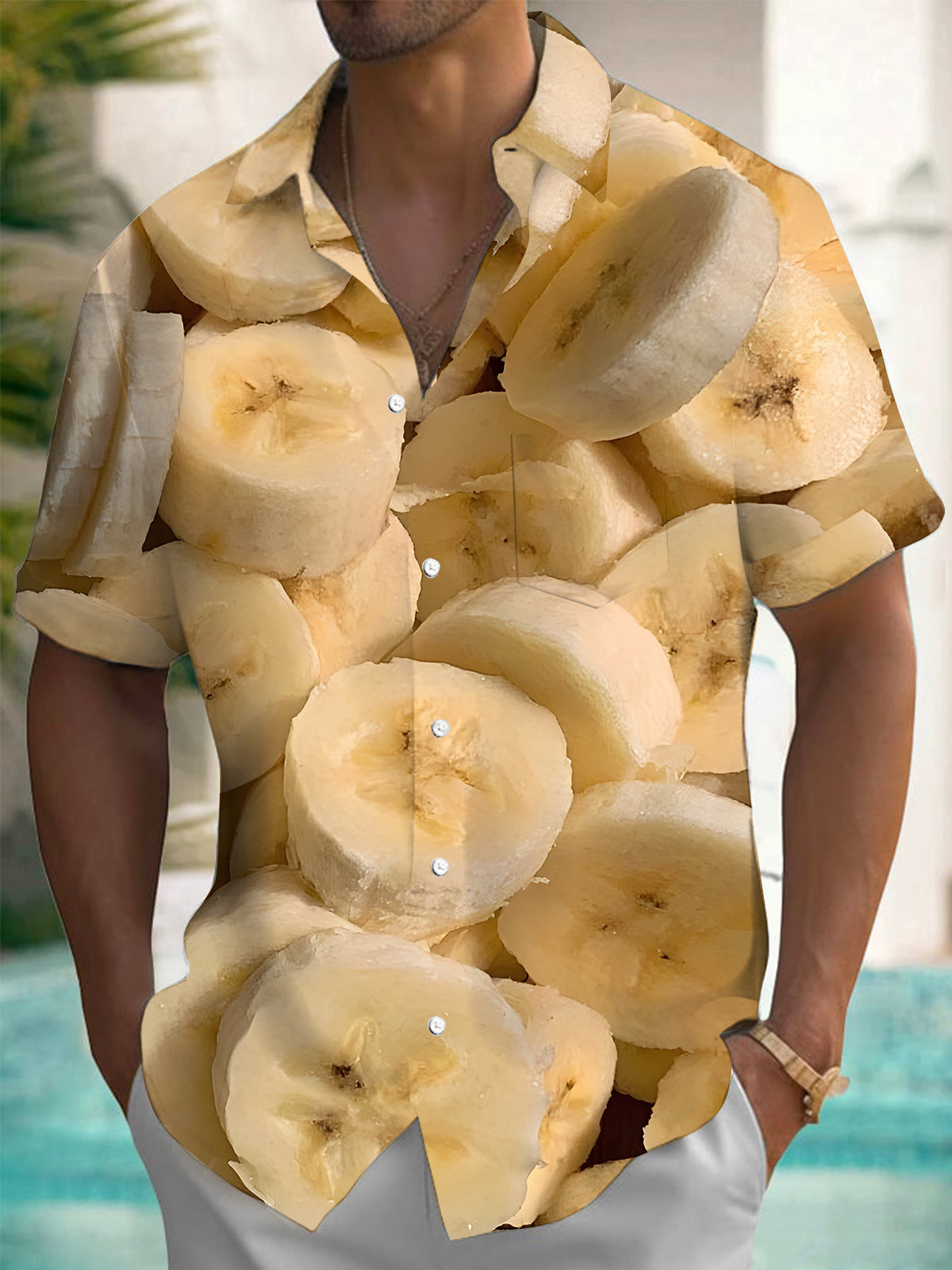 Banana Print Men's Pocket Short Sleeve Shirts