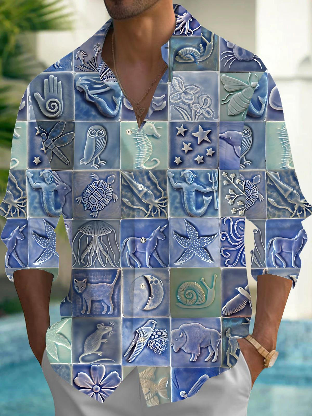 Ocean Art Print Men's Pocket Long Sleeve Shirts