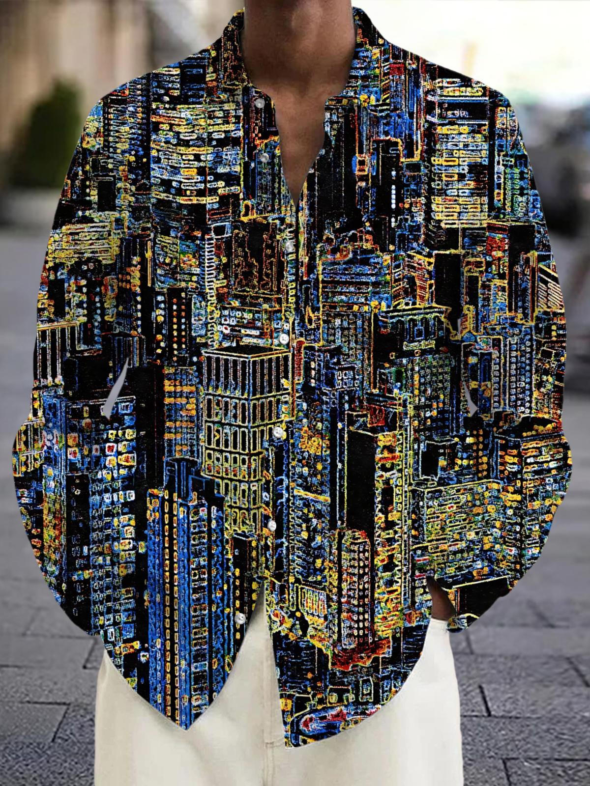 Urban Architecture Night Scene Print Men's Pocket Long Sleeve Shirts