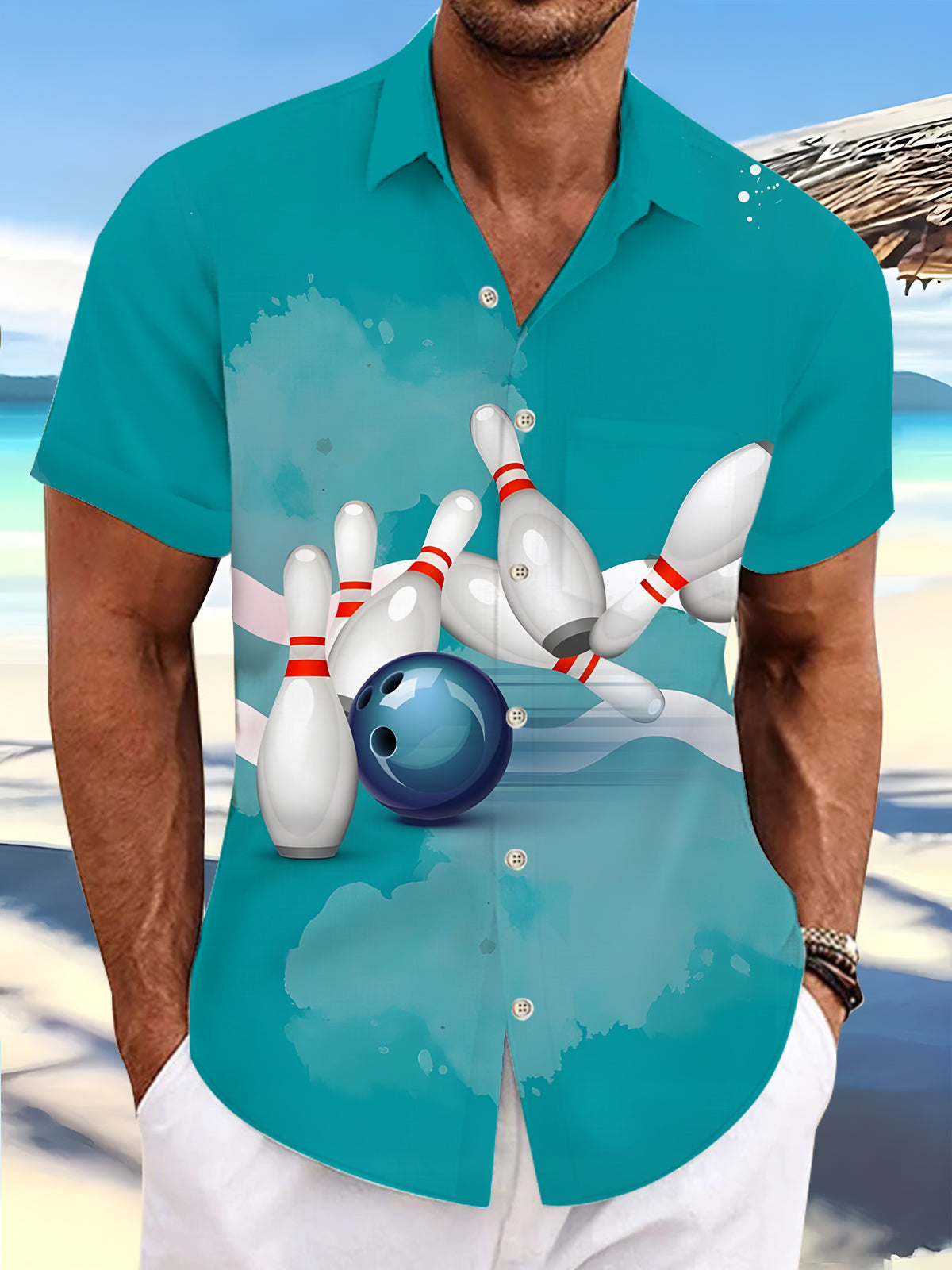 Bowling Print Men's Pocket Short Sleeve Shirts