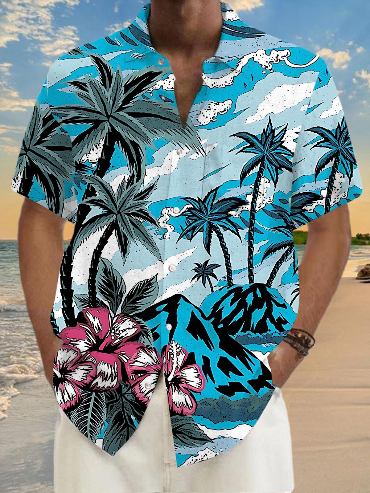 Hawaiian Palm Tree Flower Print Men's Pocket Short Sleeve Shirts