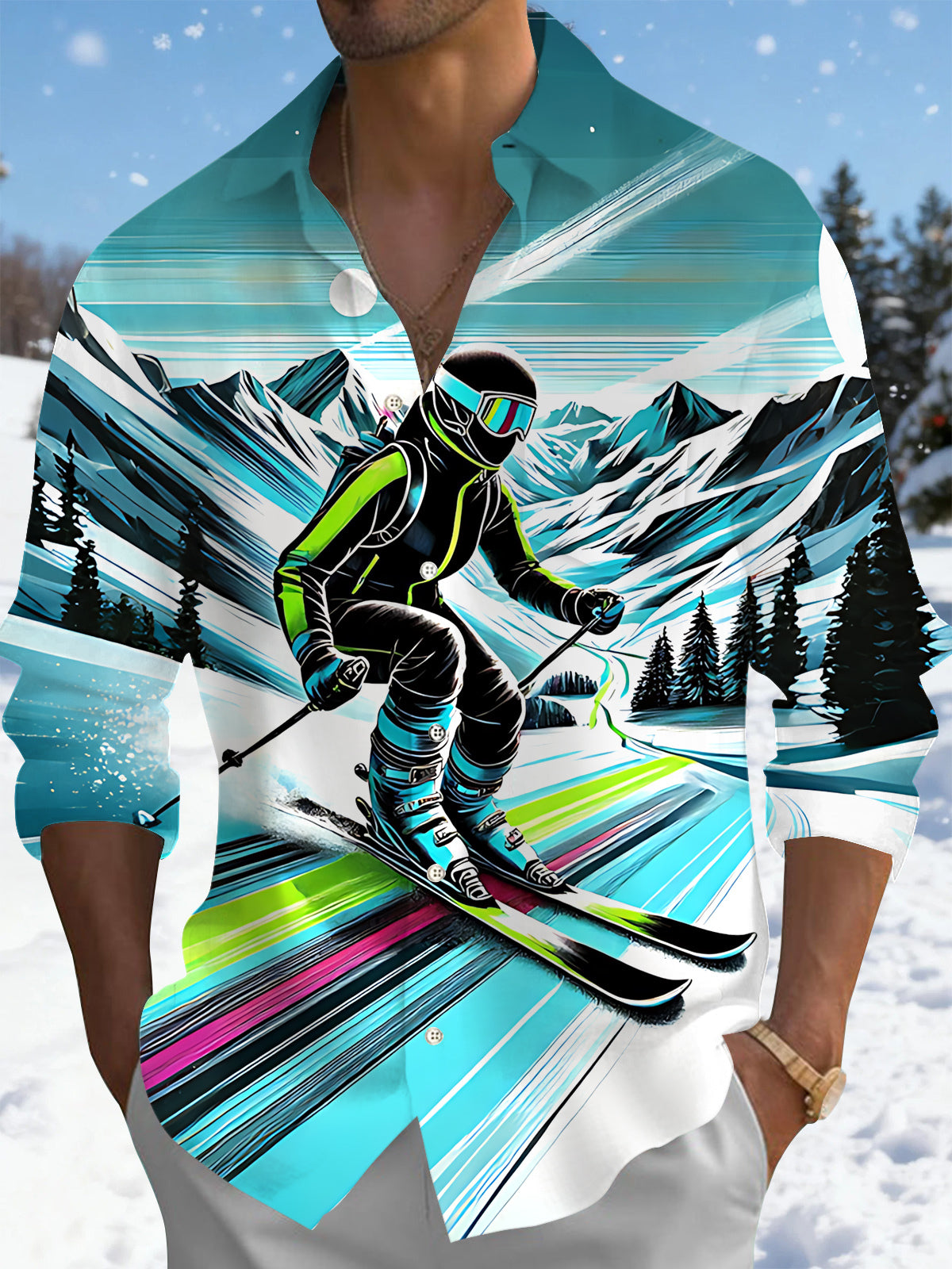 Ski Art Print Men's Pocket Long Sleeve Shirts