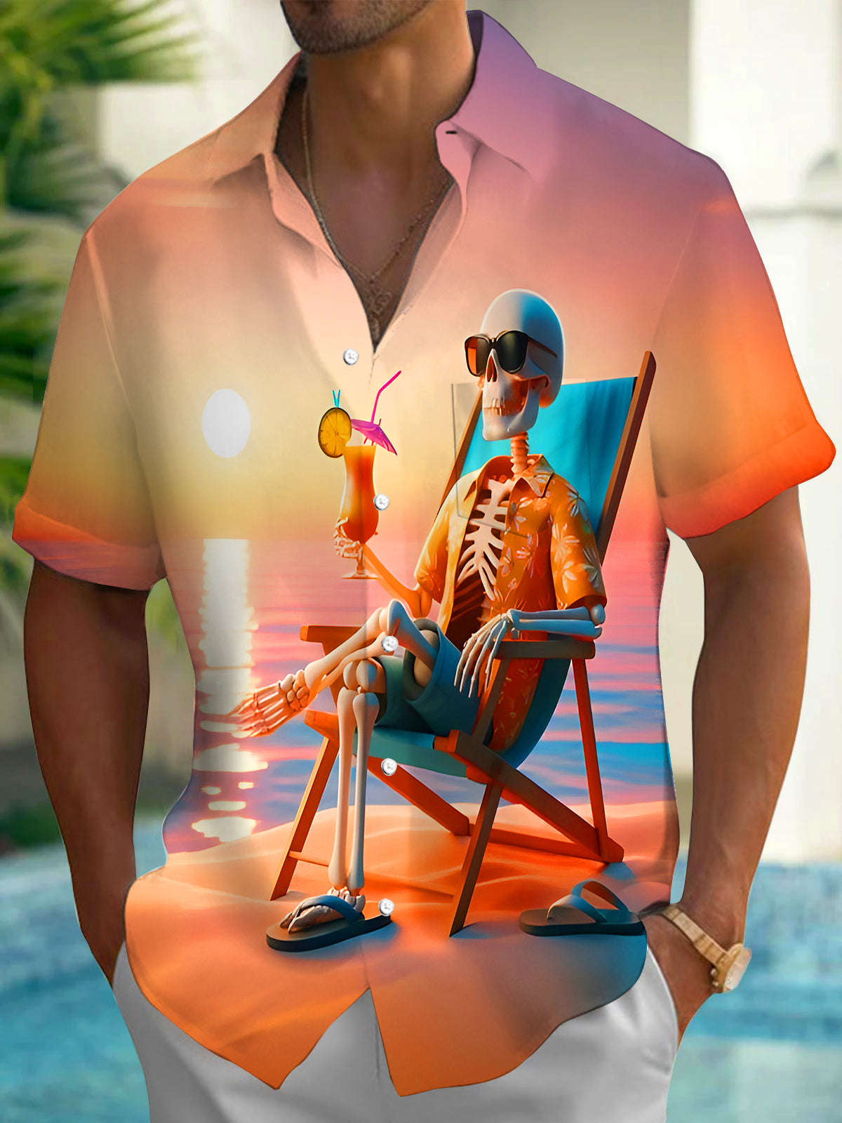 Hawaiian Funny Skull Beach Sunset Men's Pocket Short Sleeve Shirts