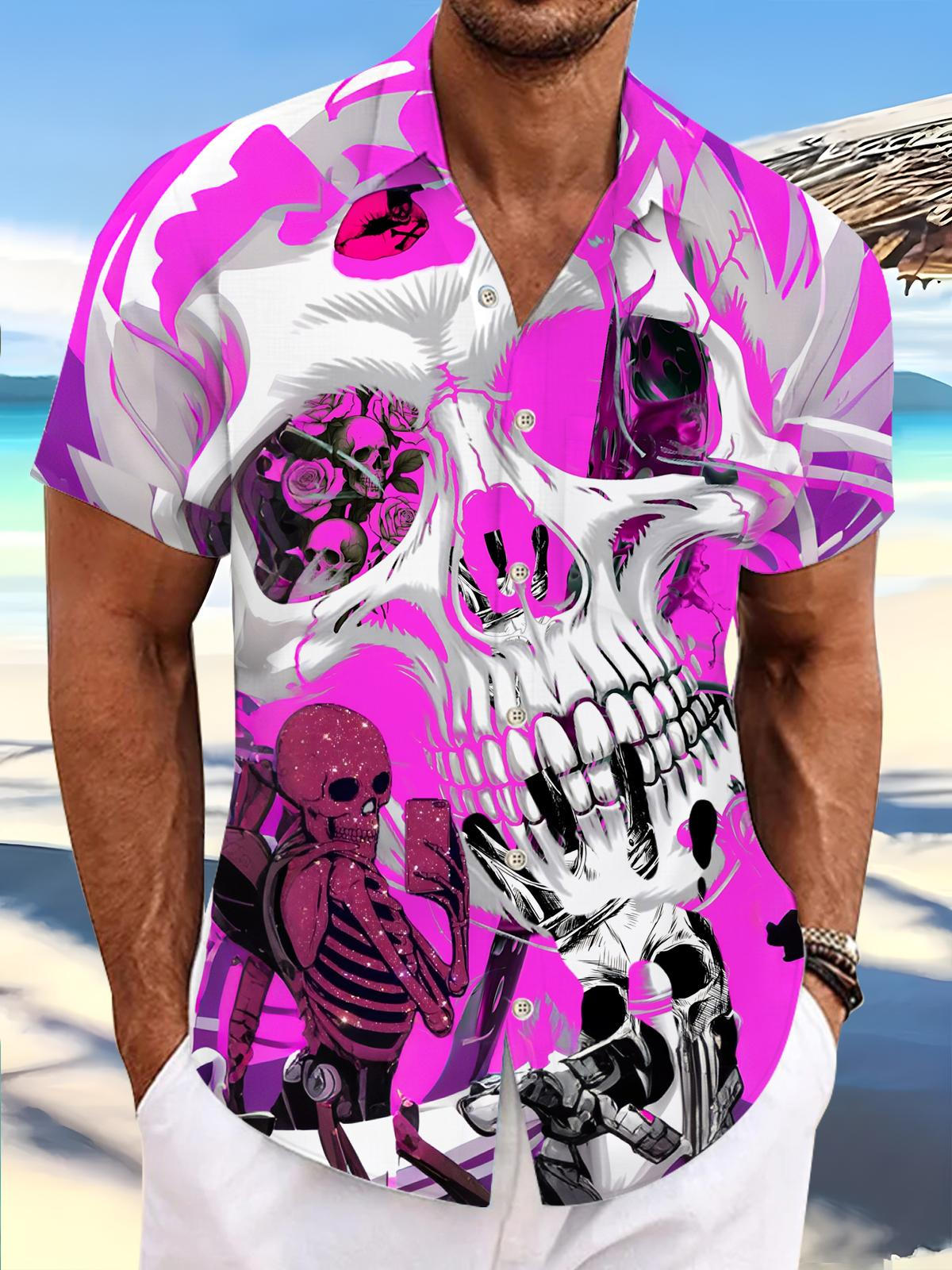 Skull Print Men's Pocket Short Sleeve Shirts