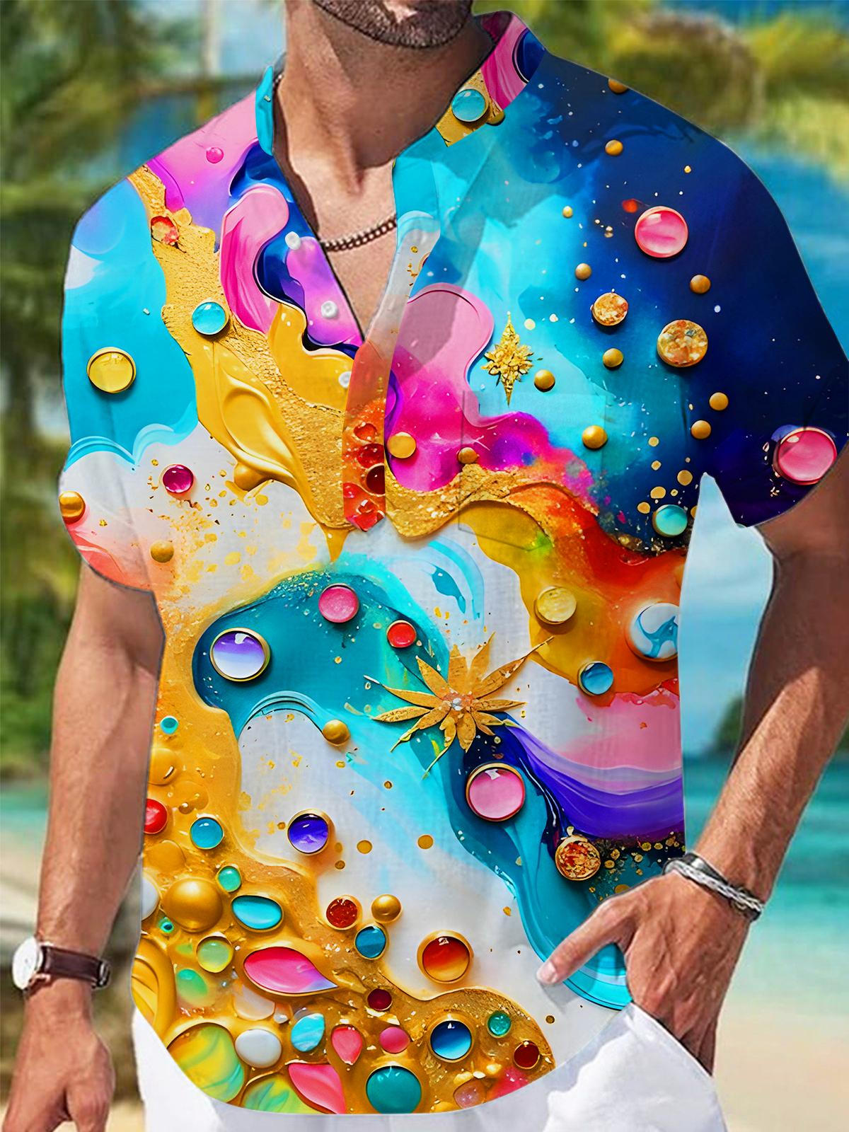 Art Rainbow Gilded Water Drops Men's Pocket Short Sleeve Stand Collar Shirts