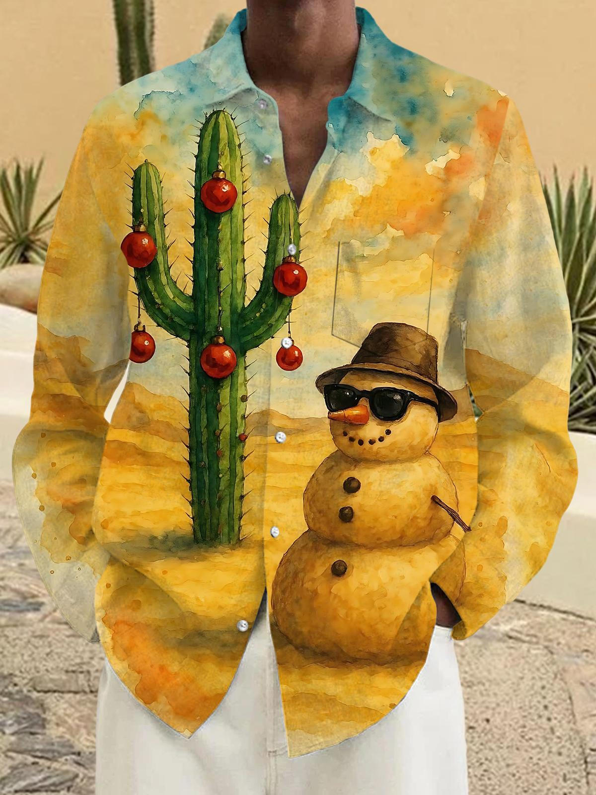 Cactus Snowman PrintMen's Pocket Long Sleeve Shirts