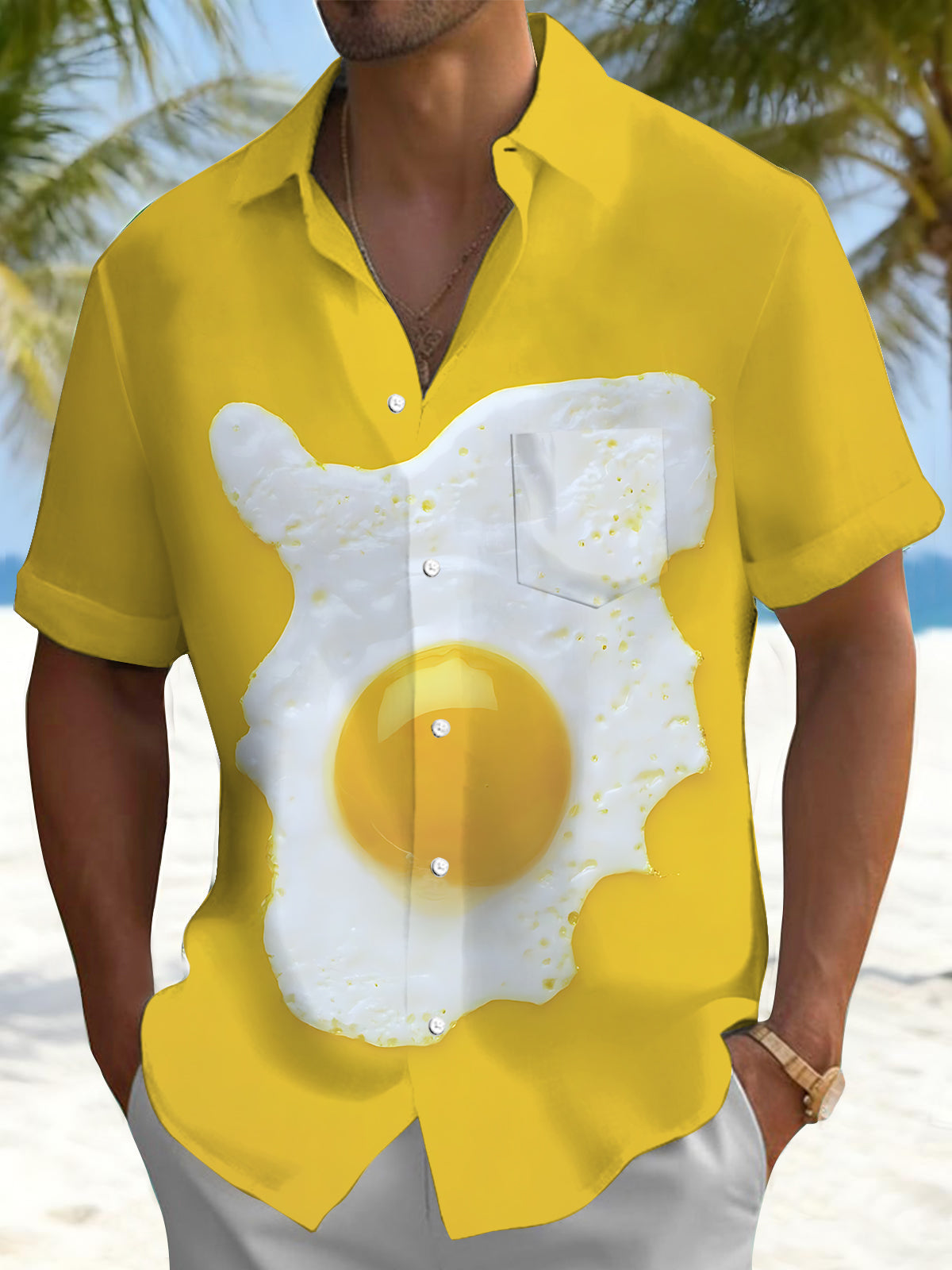 Poached Egg Print Men's Pocket Short Sleeve Shirts