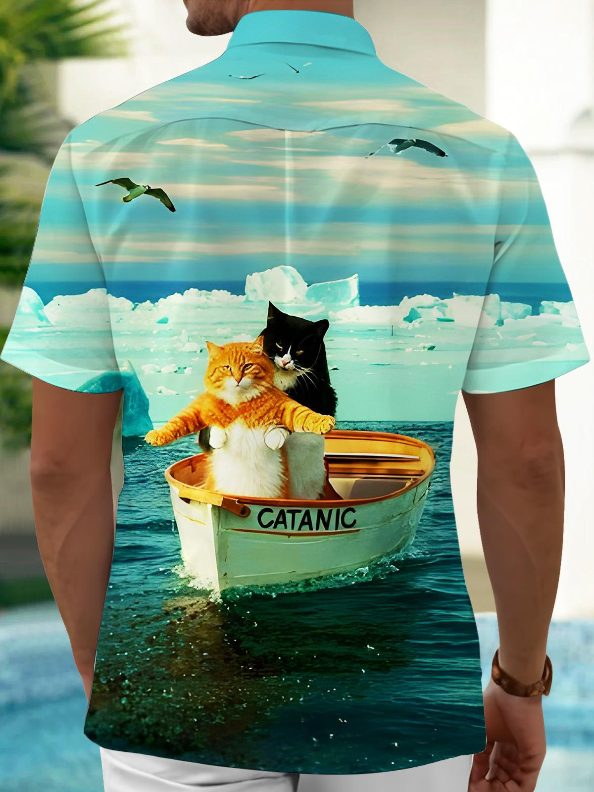 Fun Cat Titanic Boat Men's Pocket Short Sleeve Shirts