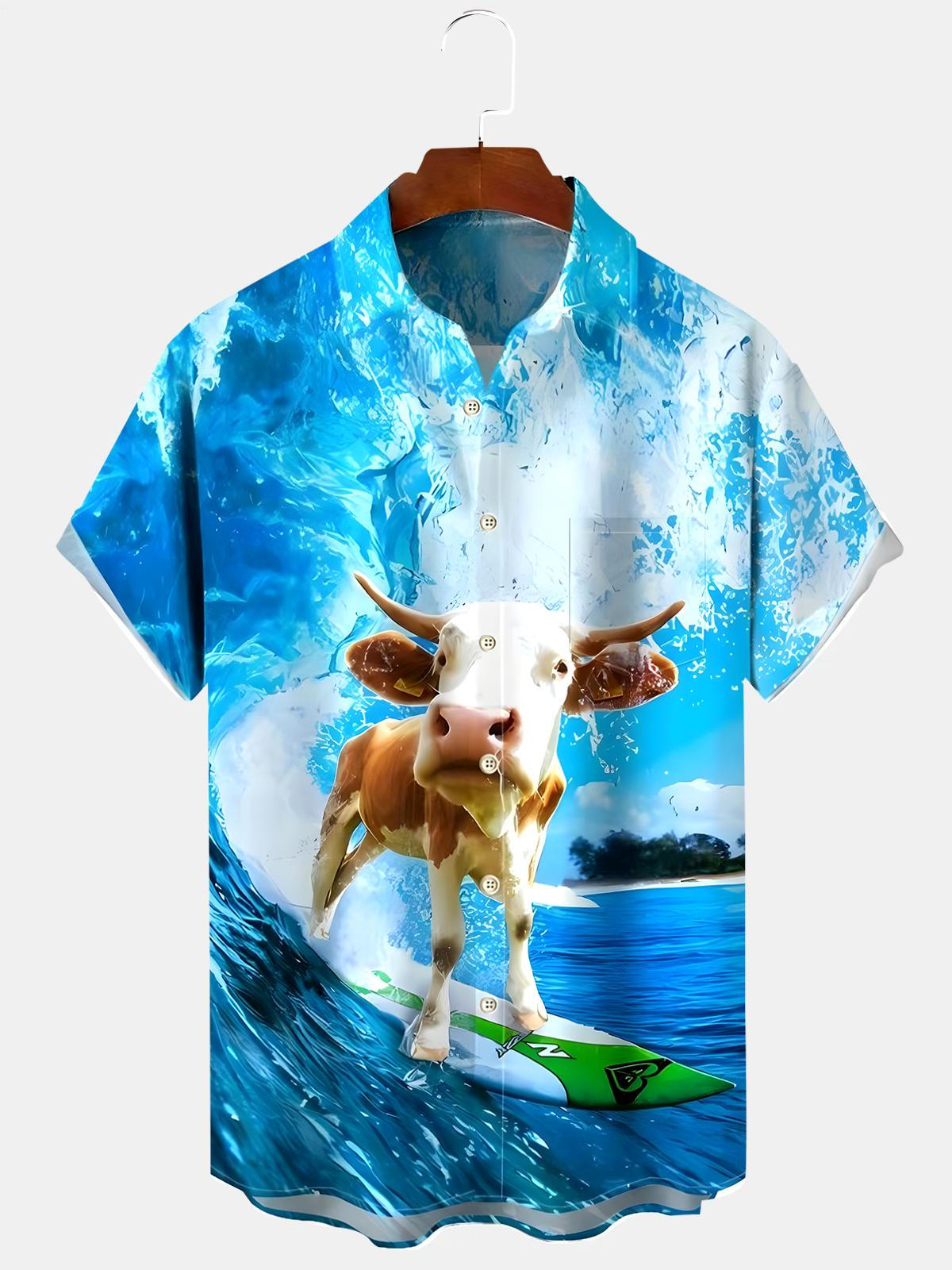 Hawaiian Cow Surfing Men's Pocket Short Sleeve Shirts