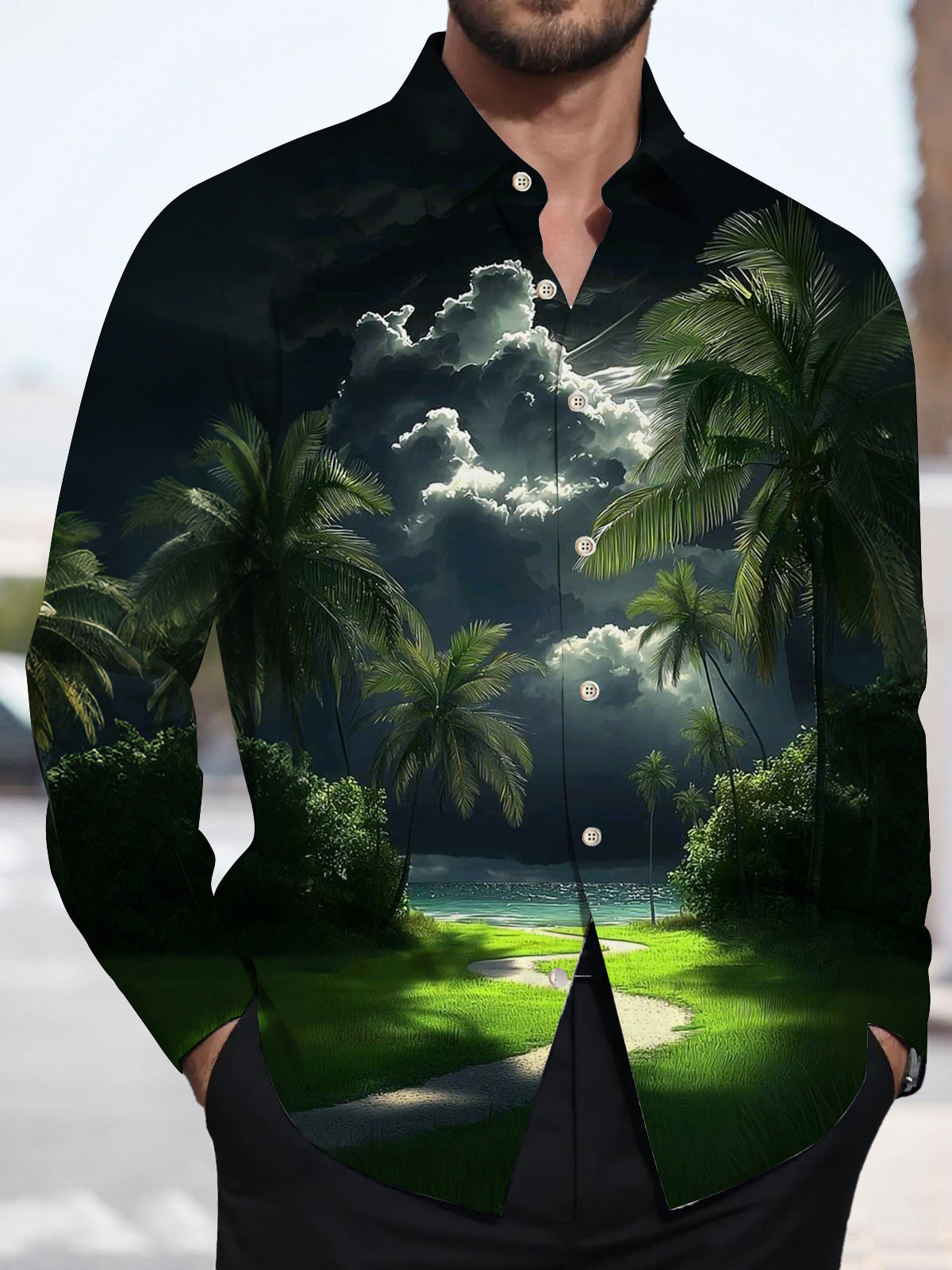Palm Tree Print Men's Pocket Long Sleeve Shirts