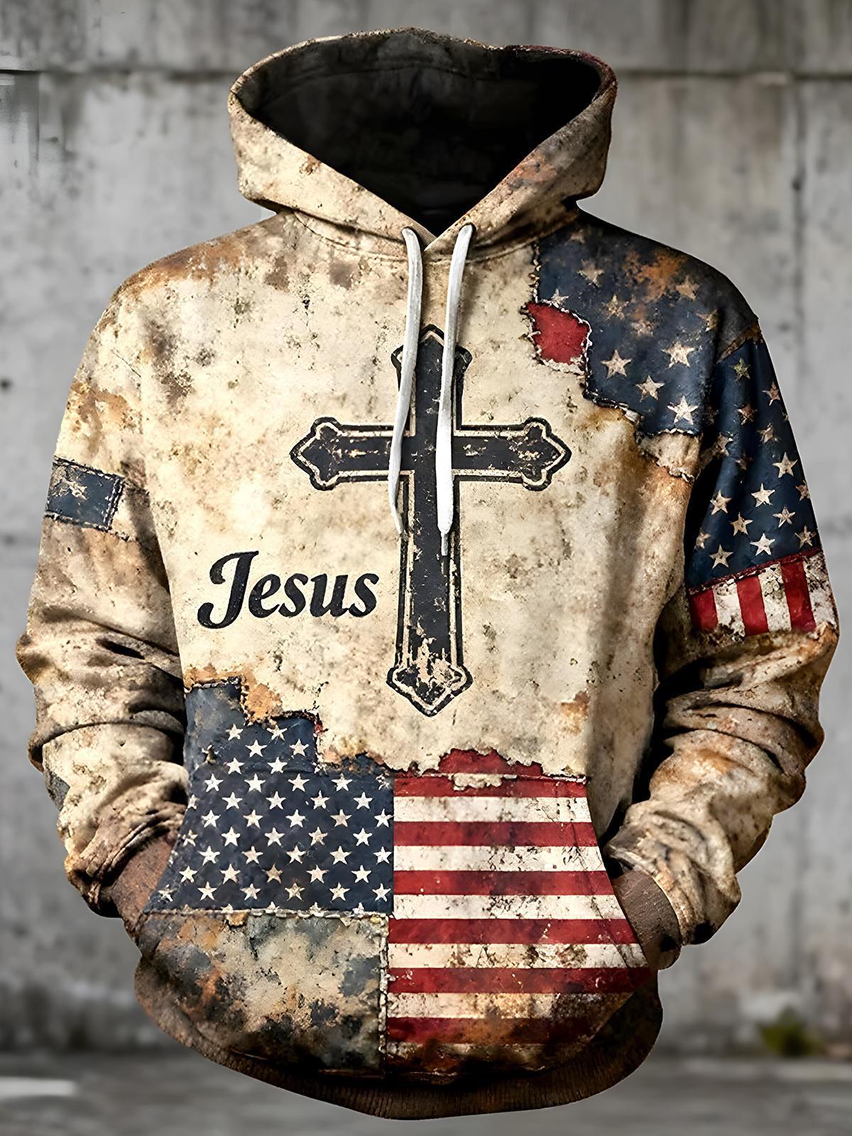 Retro Jesus Cross Long Sleeve Hooded Pocket Men's Top