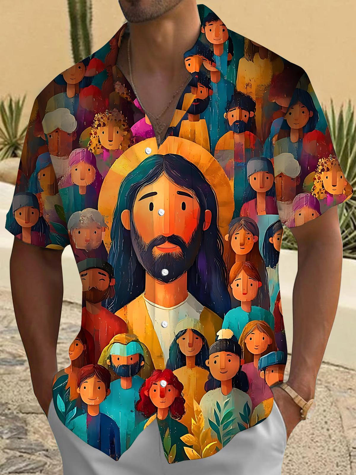 Jesus Print Men's Pocket Short Sleeve Shirts