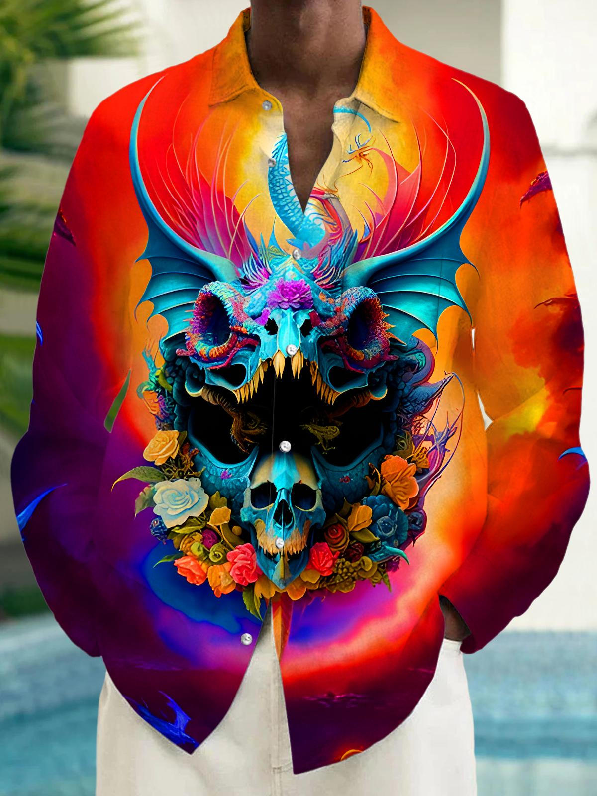 Art Dragon Head Skull Floral Halloween Men's Pocket Long Sleeve Shirts