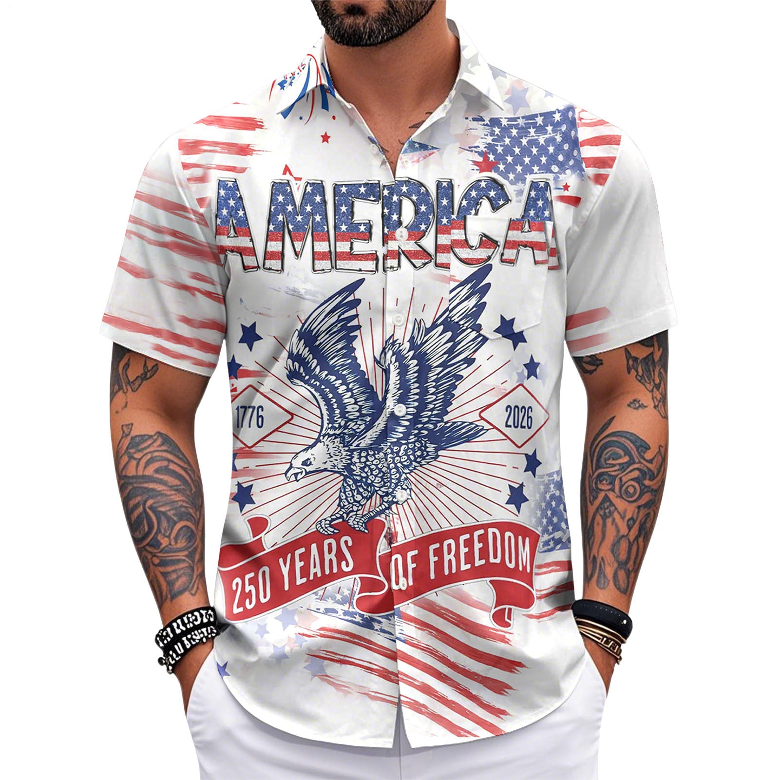 Patriotic Hawaiian Shirts for Men 250 Years Eagle Flag Patriotic Button Up Shirt Hawaiian Outfit for Parade sweetie