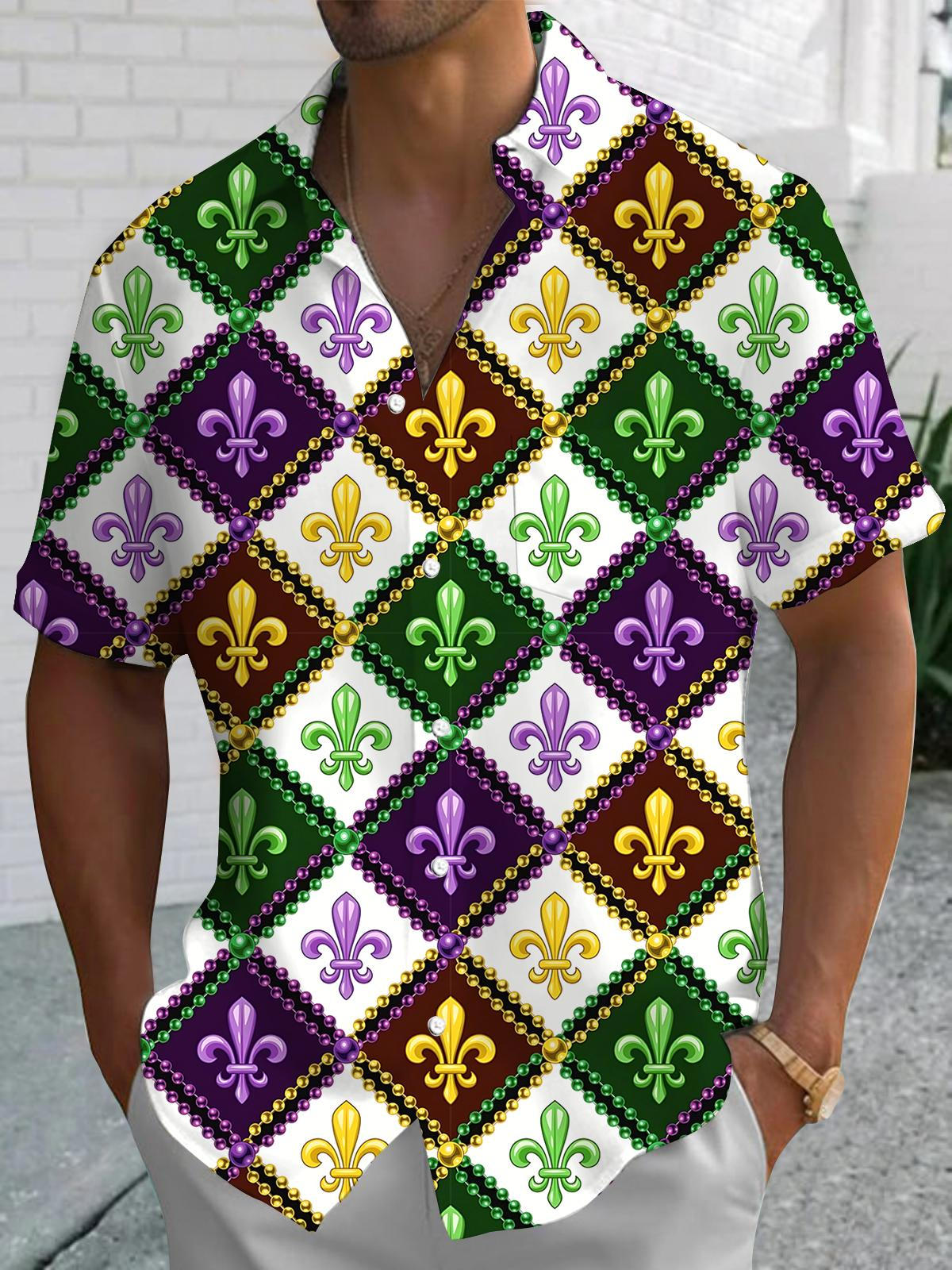 Mardi Gras Print Men's Pocket Short Sleeve Shirts