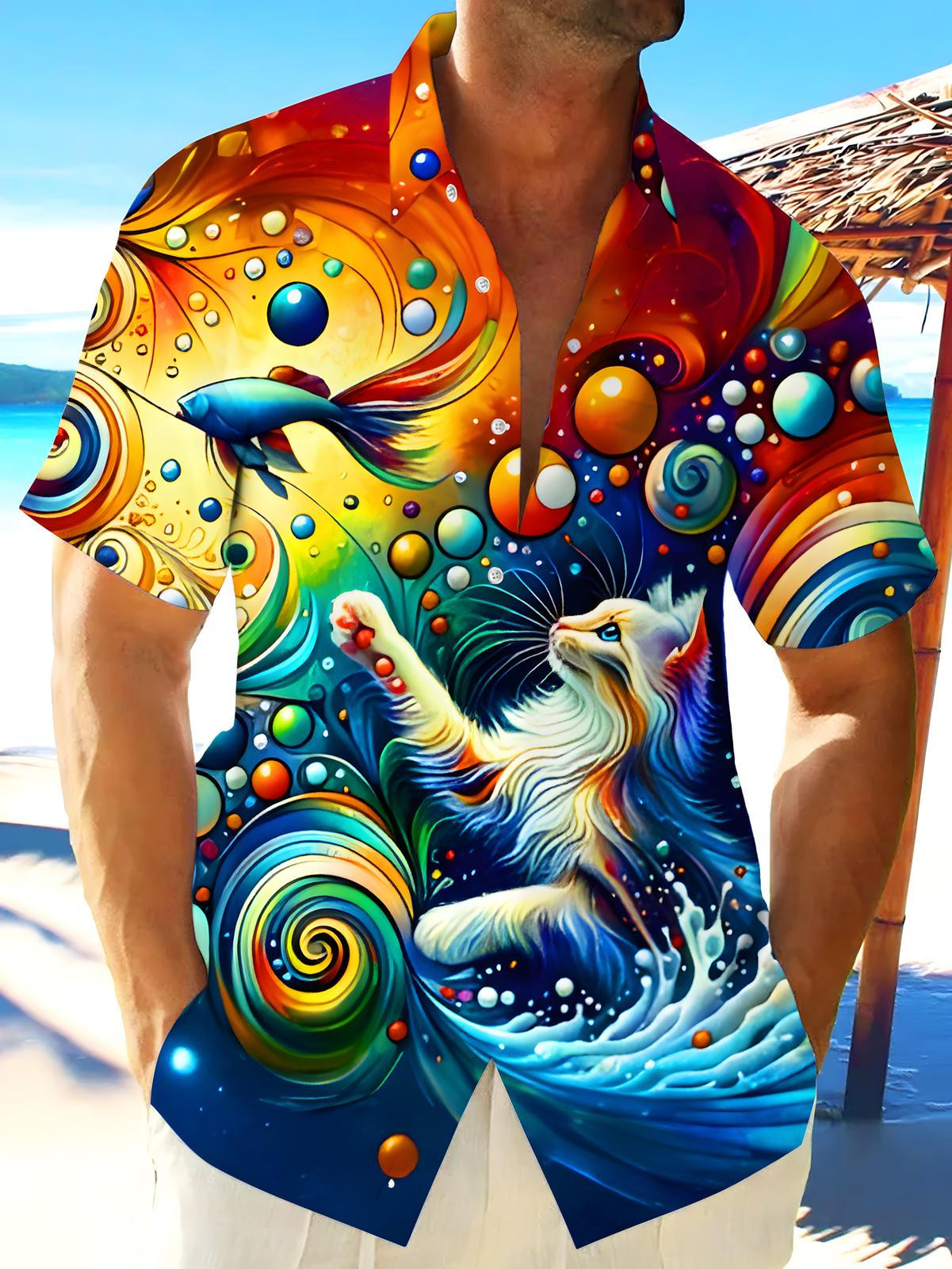 Funny Cat Catching Fish Colorful Swirl Men's Pocket Short Sleeve Shirts