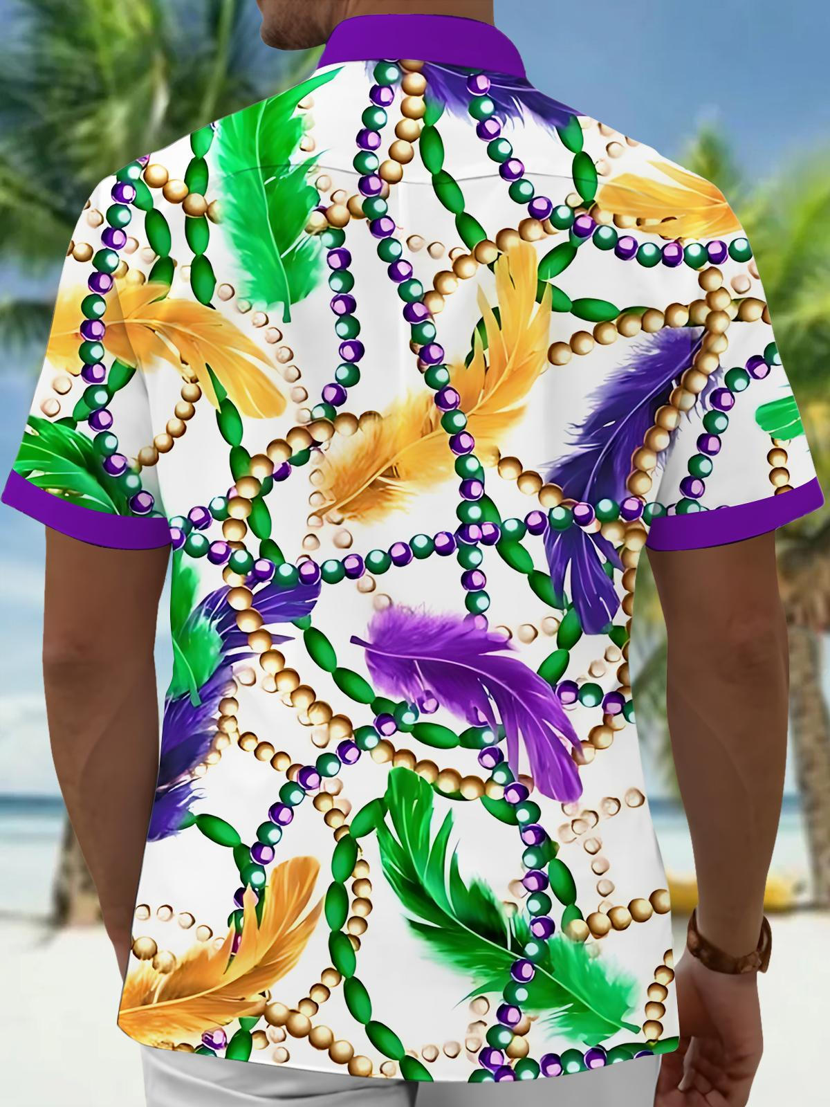 Mardi Gras Feather Print Men's Pocket Short Sleeve Shirts