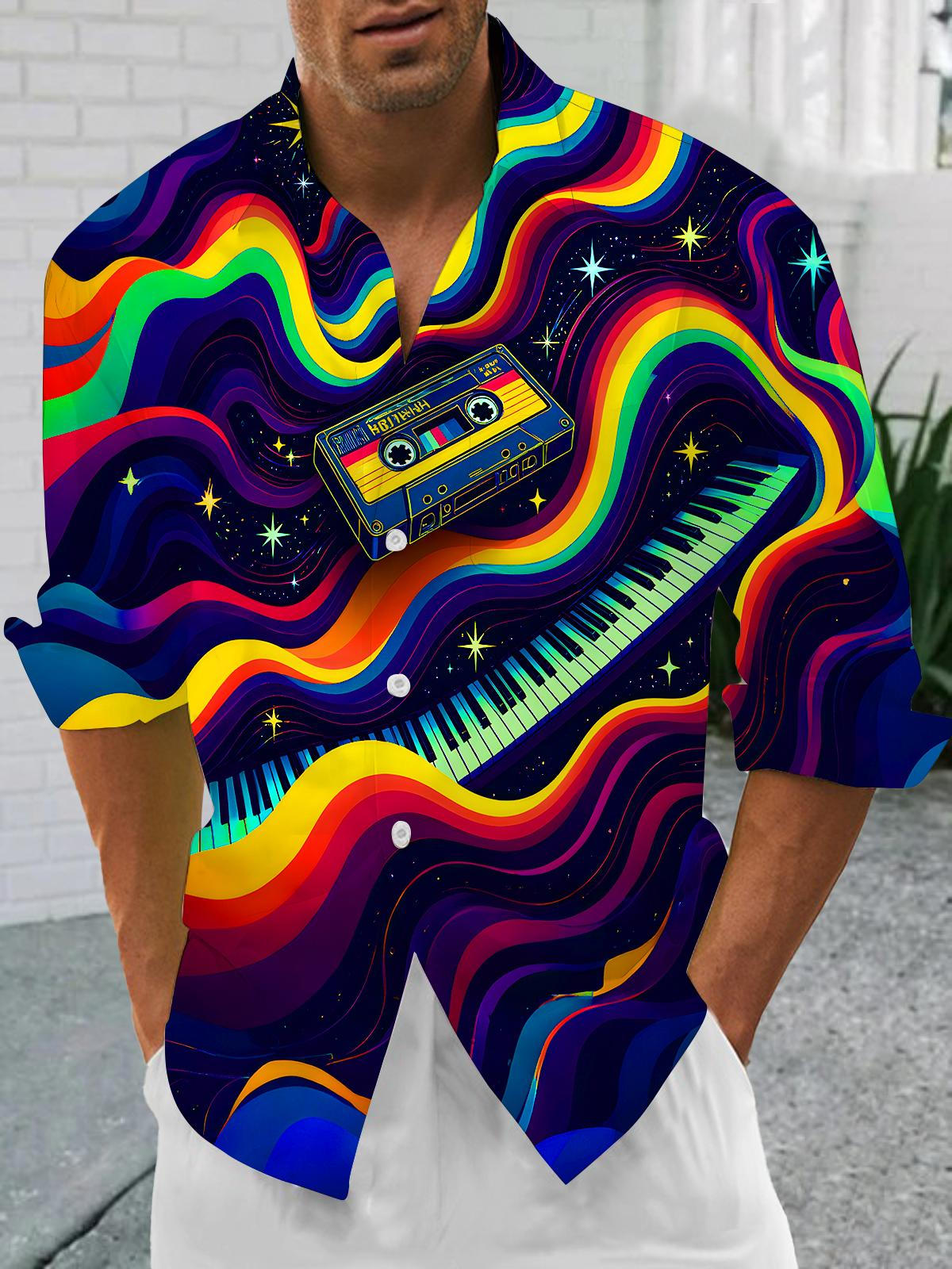 Colorful Stars Music Piano Tape Men's Pocket Long Sleeve Shirts