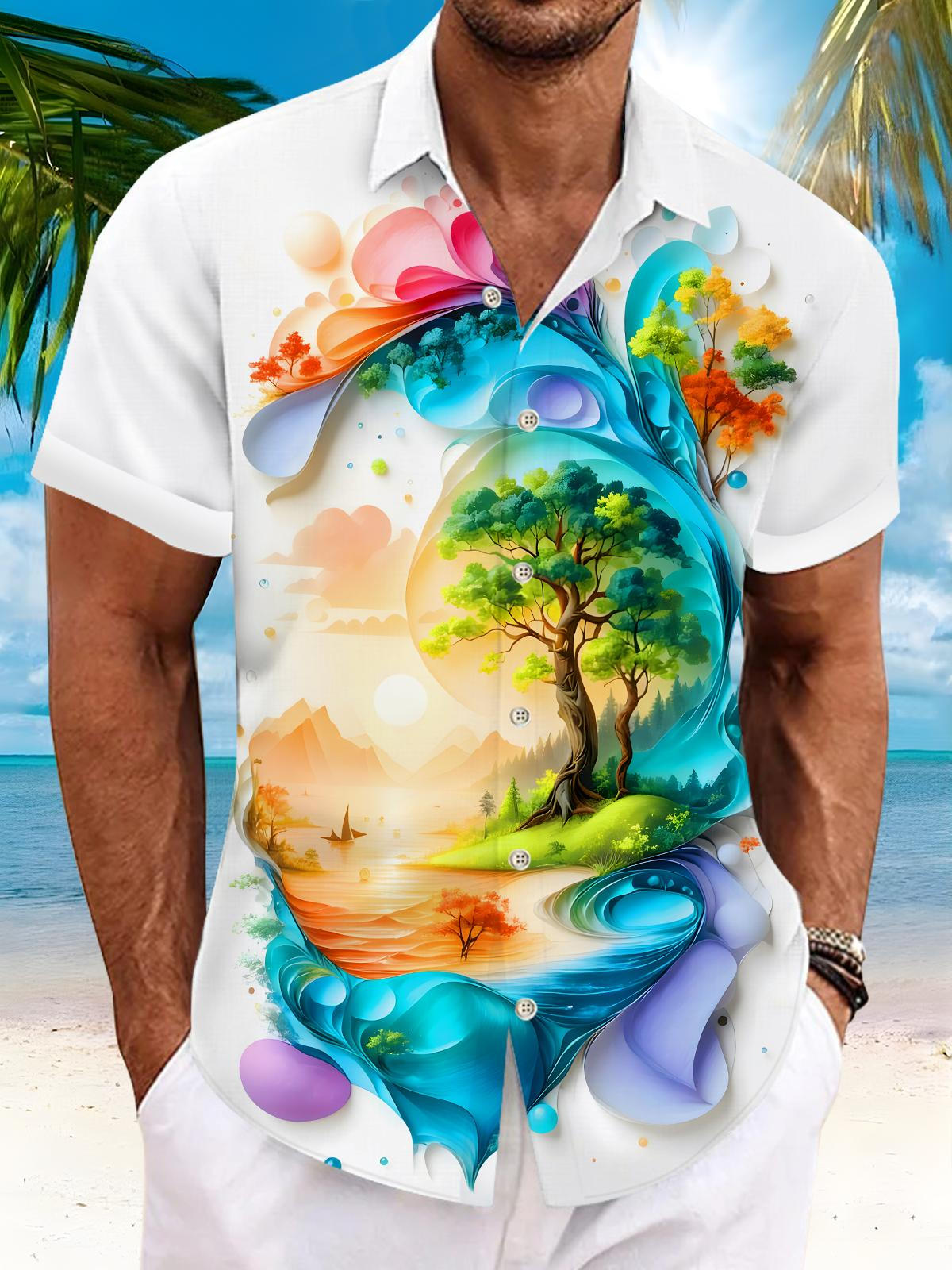 Art Landscape Tree Men's Pocket Short Sleeve Shirts