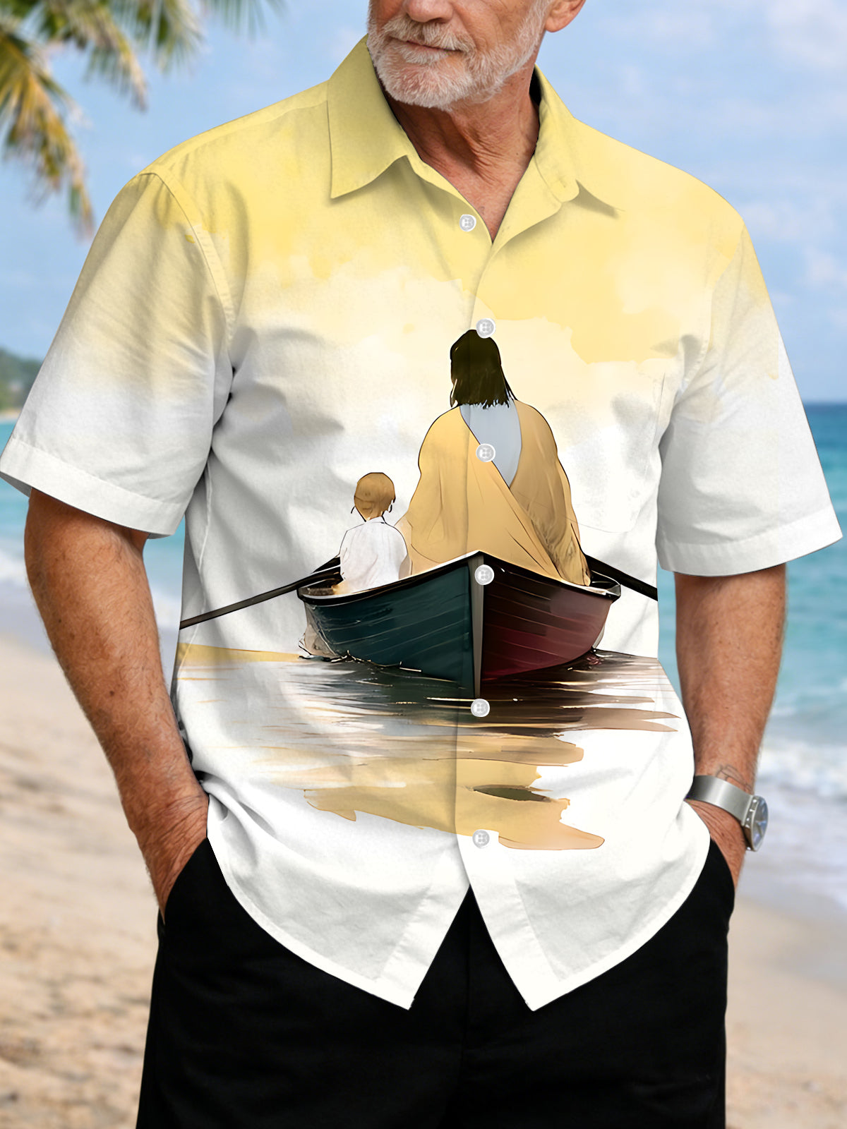 Jesus Child Boating Print Men's Pocket Short Sleeve Shirts