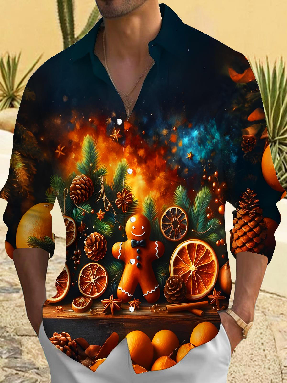 Orange Pine Cone Gingerbread Man Men's Pocket Long Sleeve Shirts
