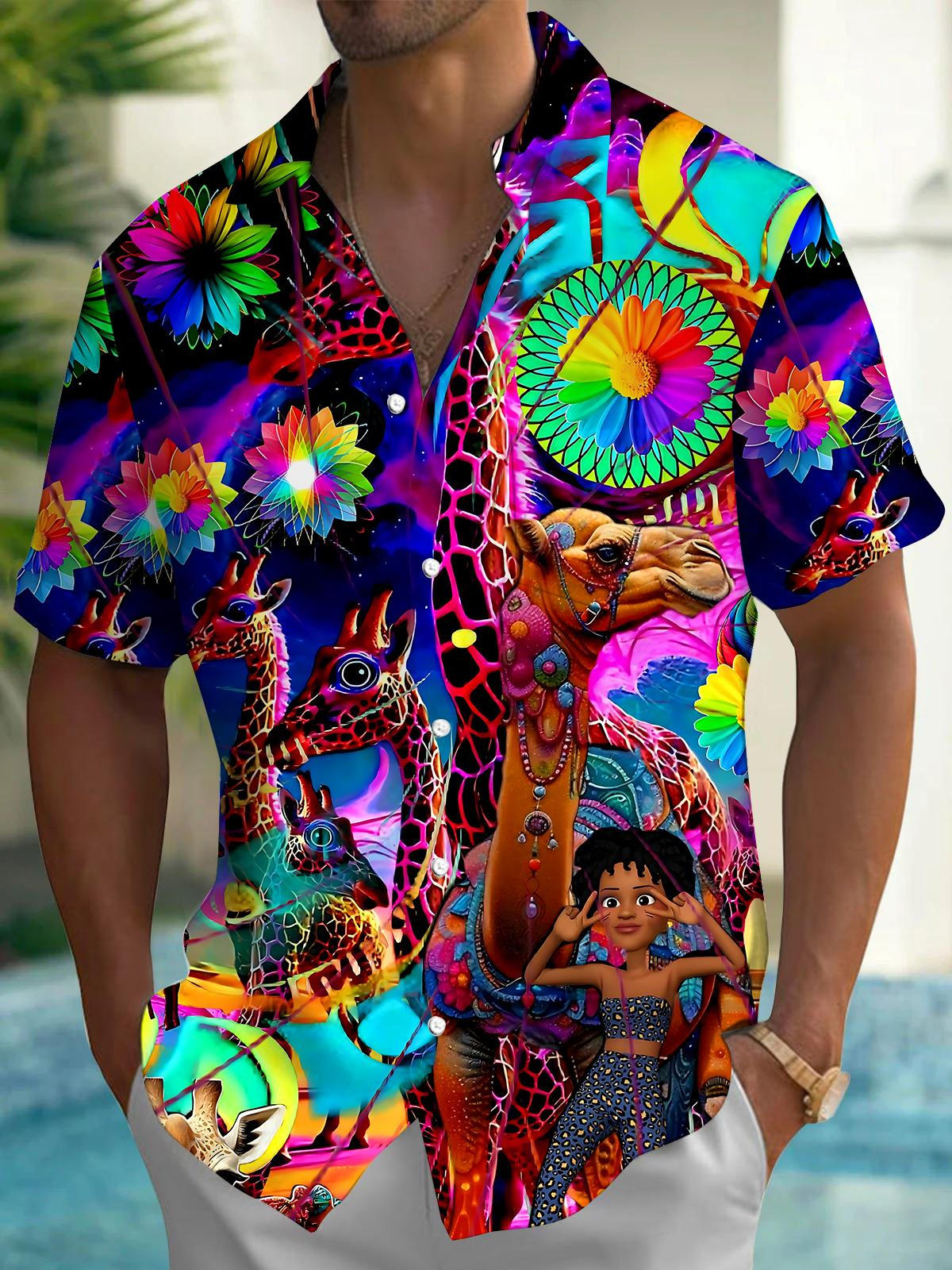 Giraffe Camel Art Print Men's Pocket Short Sleeve Shirts