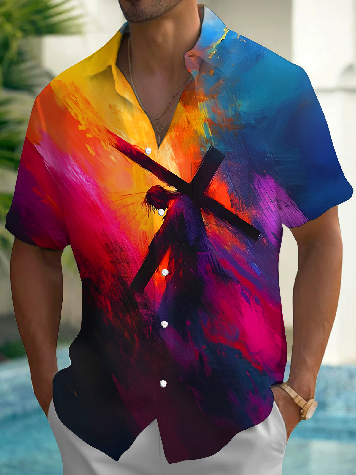 Tie Dye Gradient Jesus Cross Men's Pocket Short Sleeve Shirts