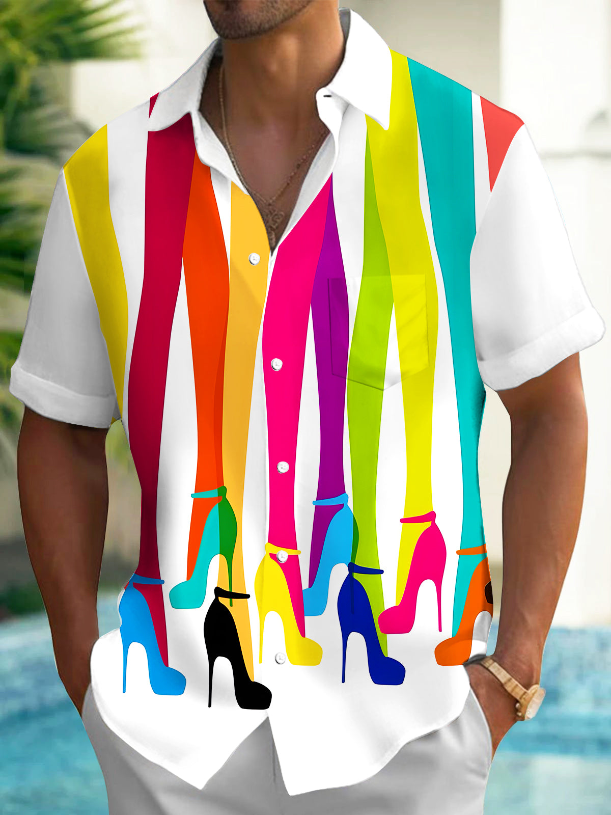 Fun Art Colorful Long High Heels Men's Pocket Short Sleeve Shirts