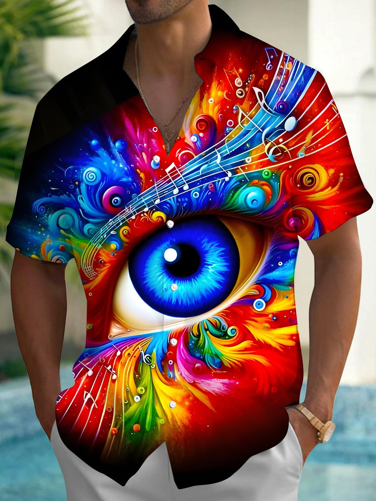 Eyes Musical Note Men's Pocket Short Sleeve Shirts