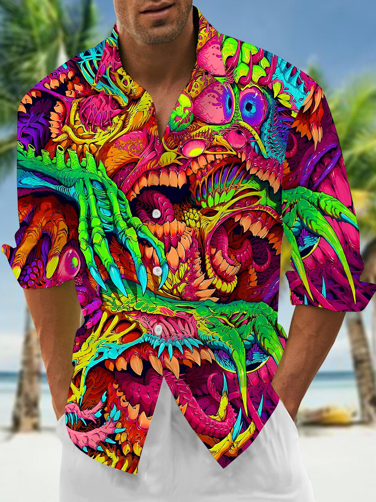 Halloween Fantasy Abstract Monster Eyes Ghost Hands Mouths Men's Pocket Long Sleeve Shirts