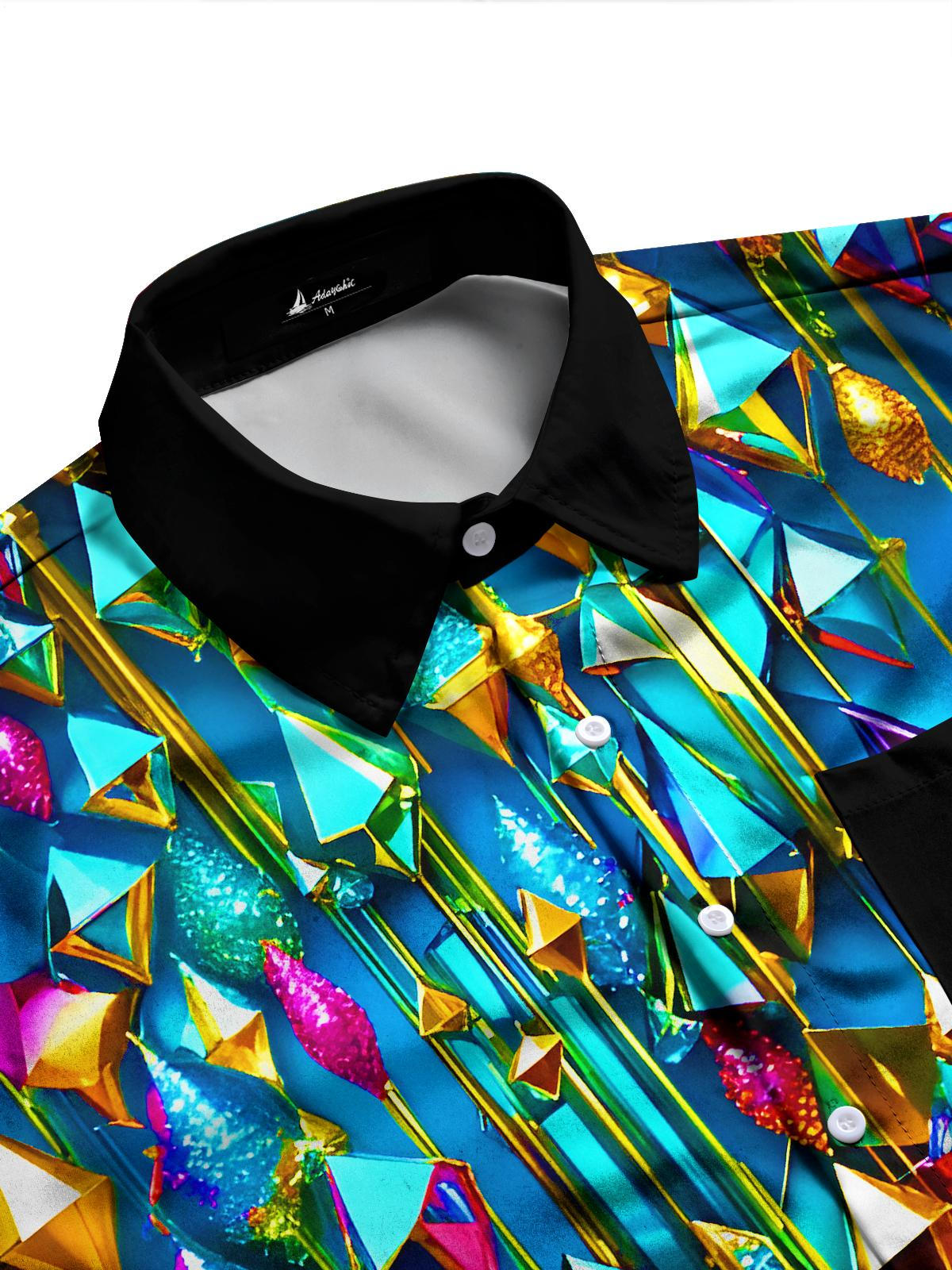 Shiny Colorful Metallic-textured Geometric Pyramids Men's Pocket Long Sleeve Shirts