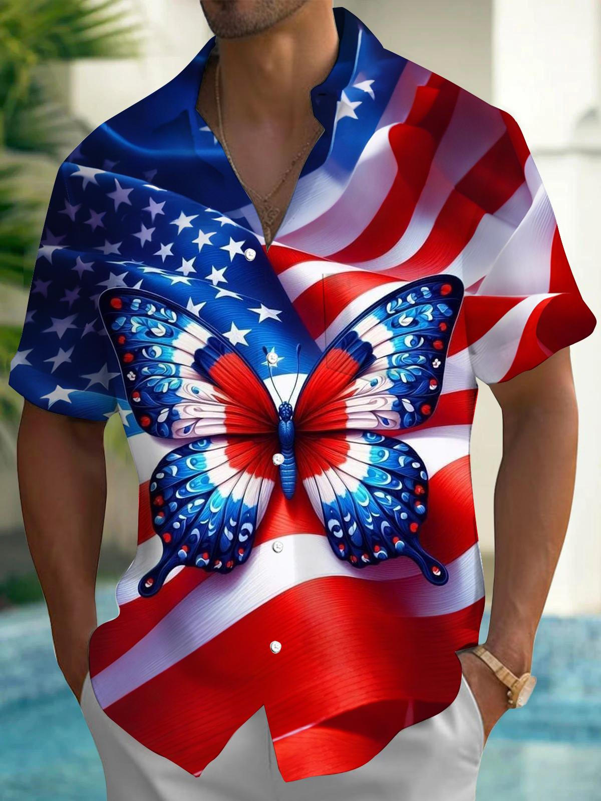Butterfly American Flag Print Men's Pocket Short Sleeve Shirts
