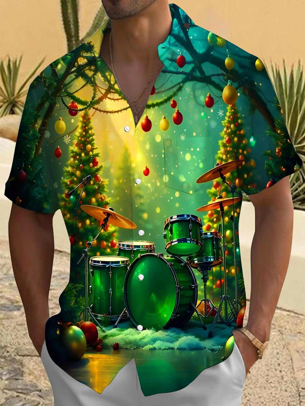 Christmas Tree Drum Kit Fairy Lights Men's Pocket Short Sleeve Shirts