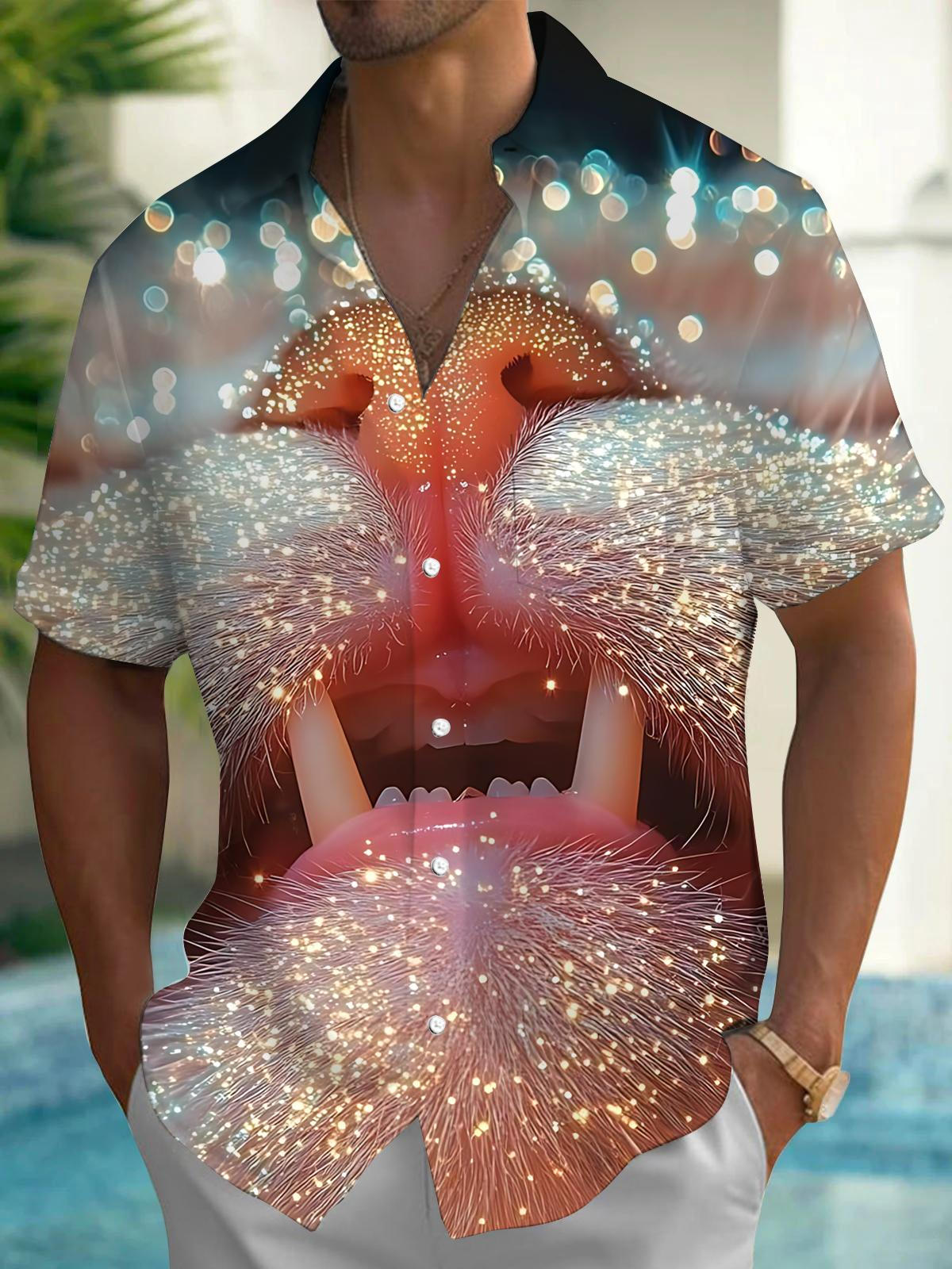 Cat Print Men's Pocket Short Sleeve Shirts