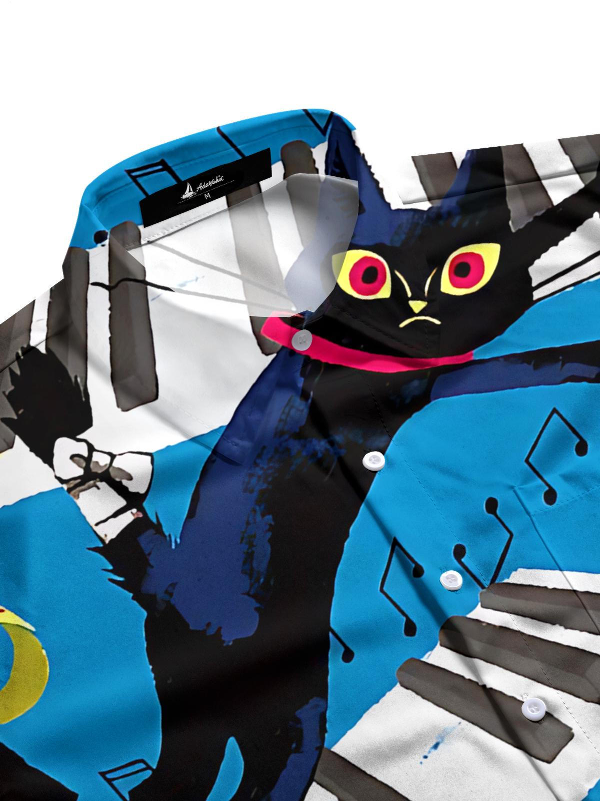 Funny Cat Piano Print Men's Pocket Long Sleeve Shirts