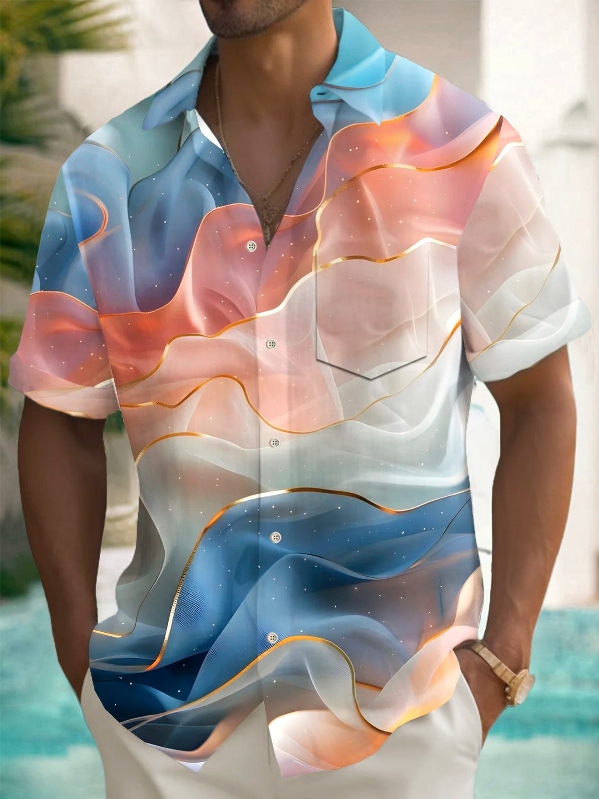 Gradient Print Men's Pocket Short Sleeve Shirts