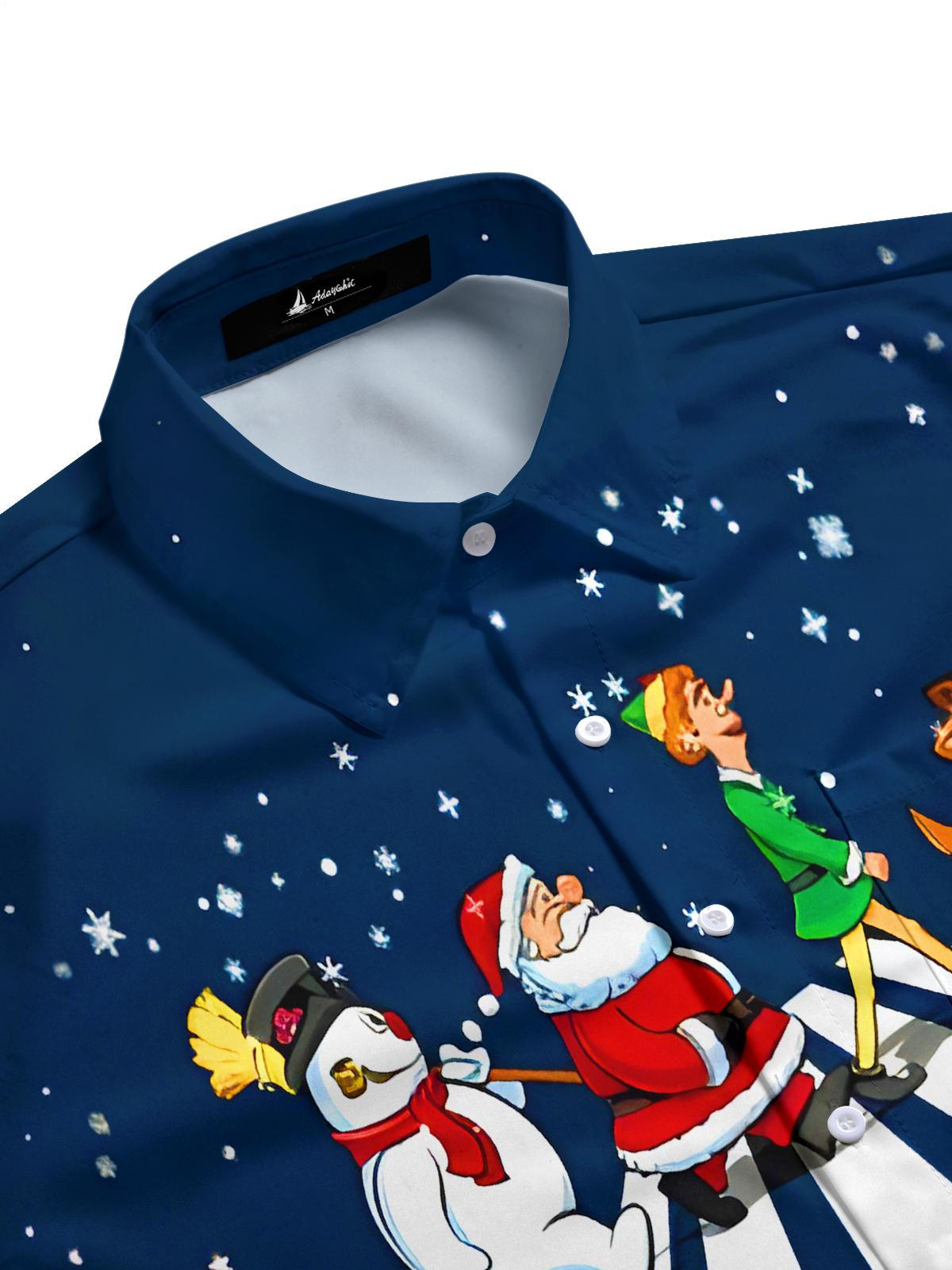 Fun Christmas Snowman Reindeer Santa Claus Crossing Street Xmas Men's Pocket Short Sleeve Shirts