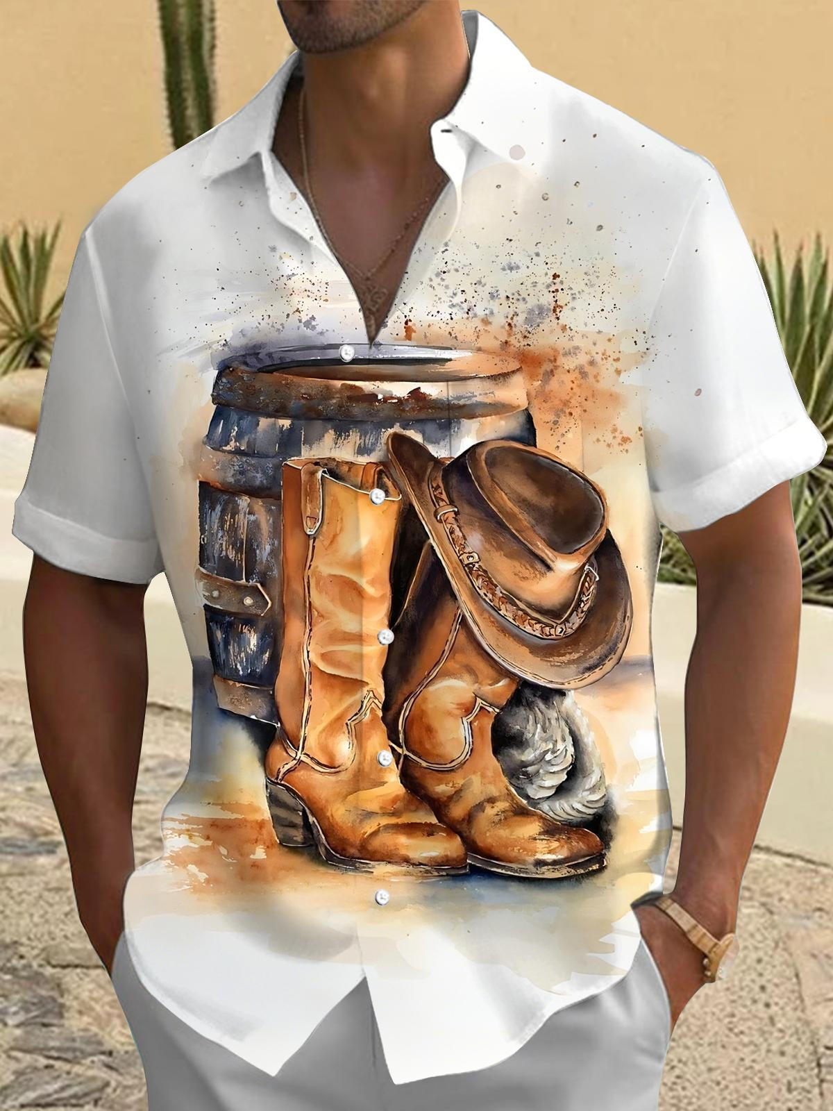Western Cowboy Boots Print Men's Pocket Short Sleeve Shirts