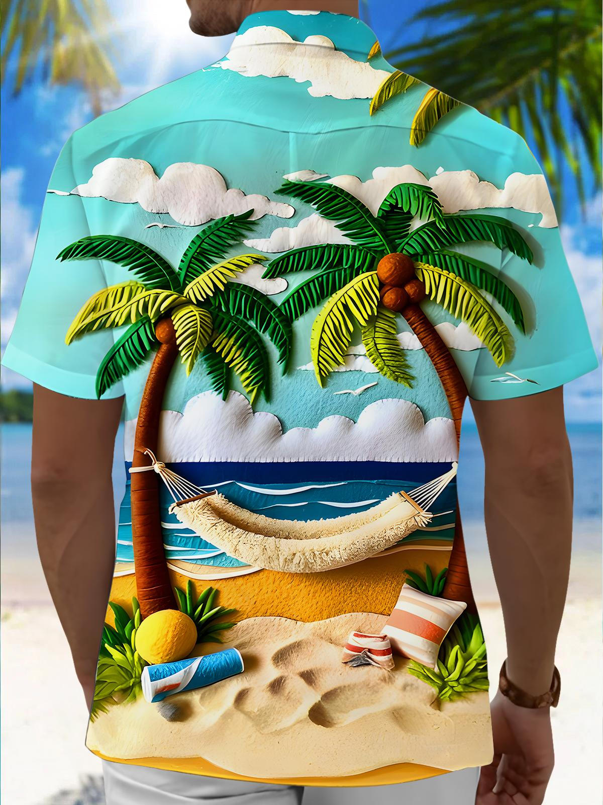 Hawaiian Coconut Trees Beach Hammock Men's Pocket Short Sleeve Shirts