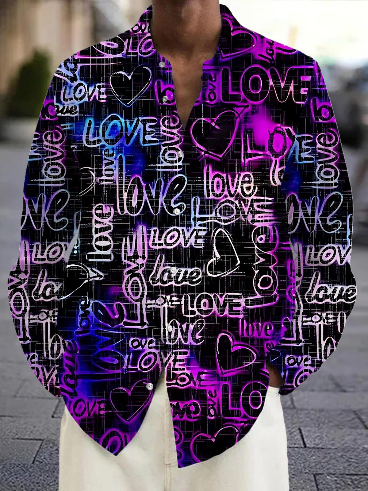 Love Print Men's Pocket Long Sleeve Shirts