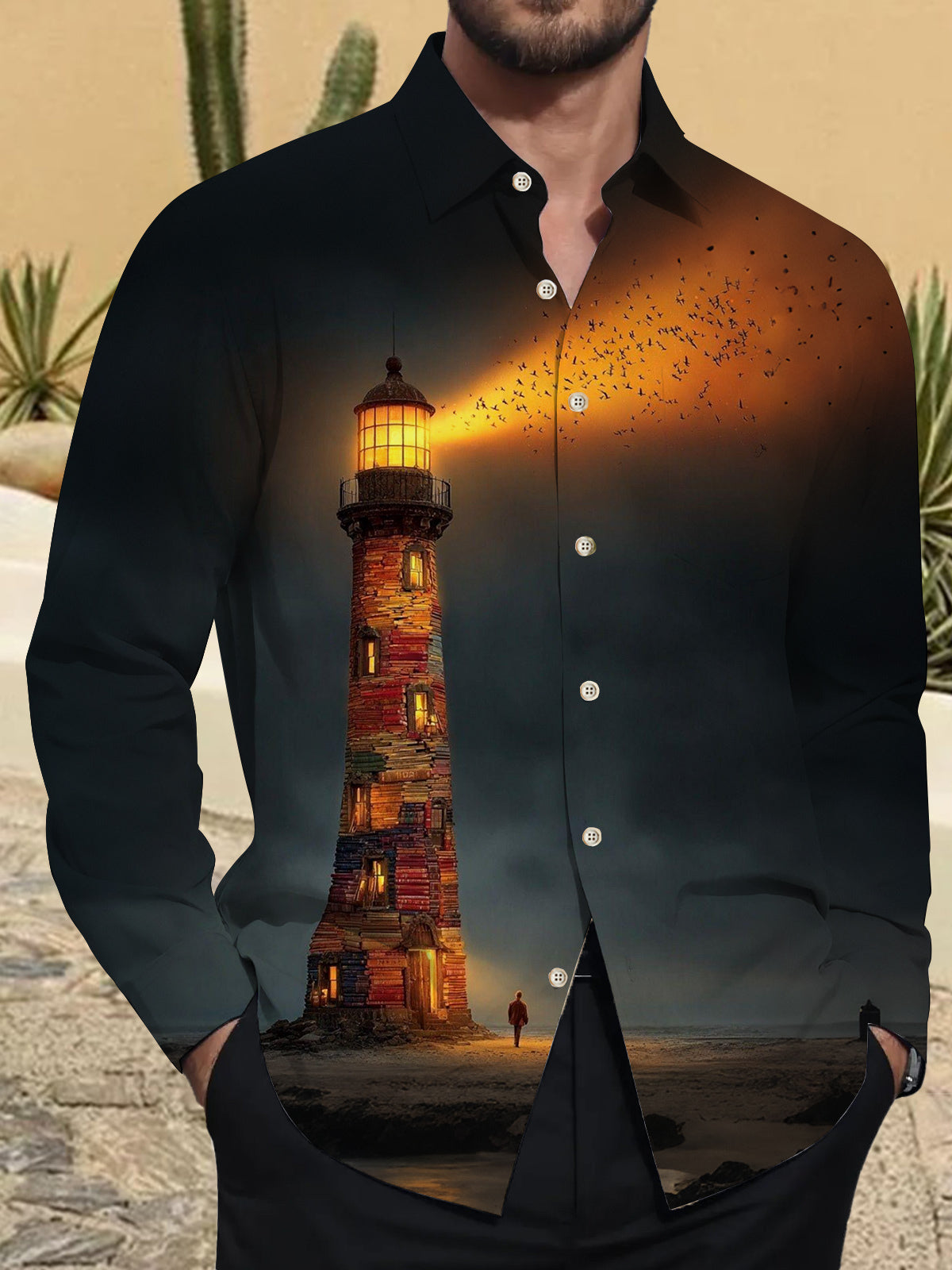 Lighthouse Print Men's Pocket Long Sleeve Shirts