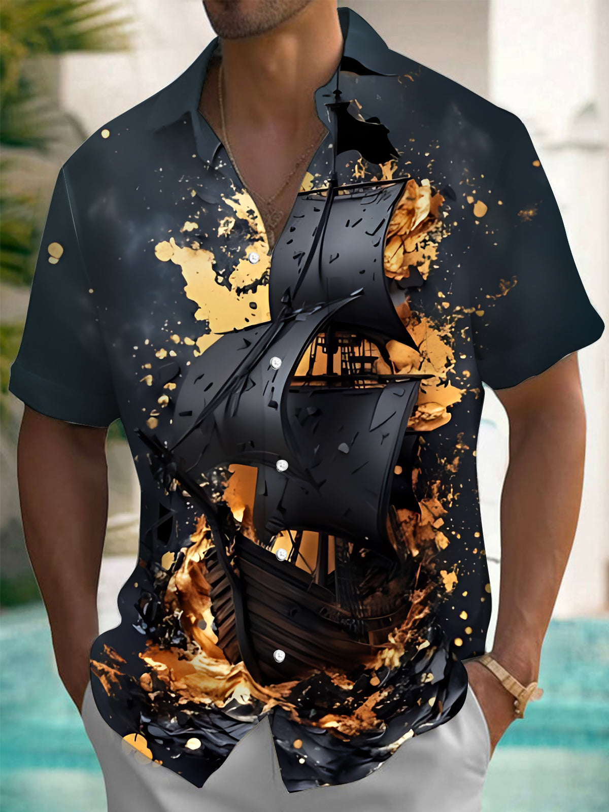 Boat Art Print Men's Pocket Short Sleeve Shirts