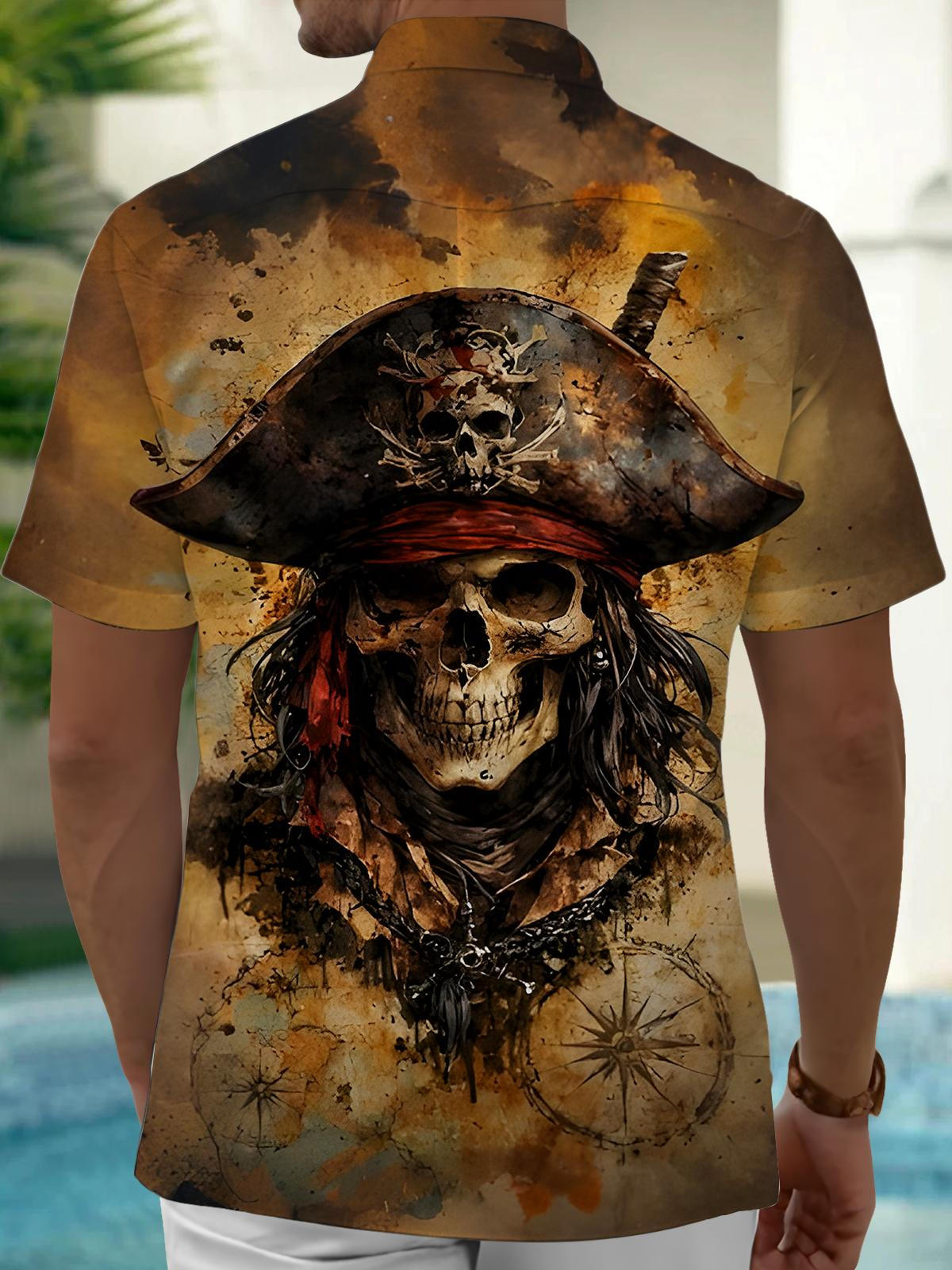 Retro Pirate Skull Compass Men's Pocket Short Sleeve Shirts