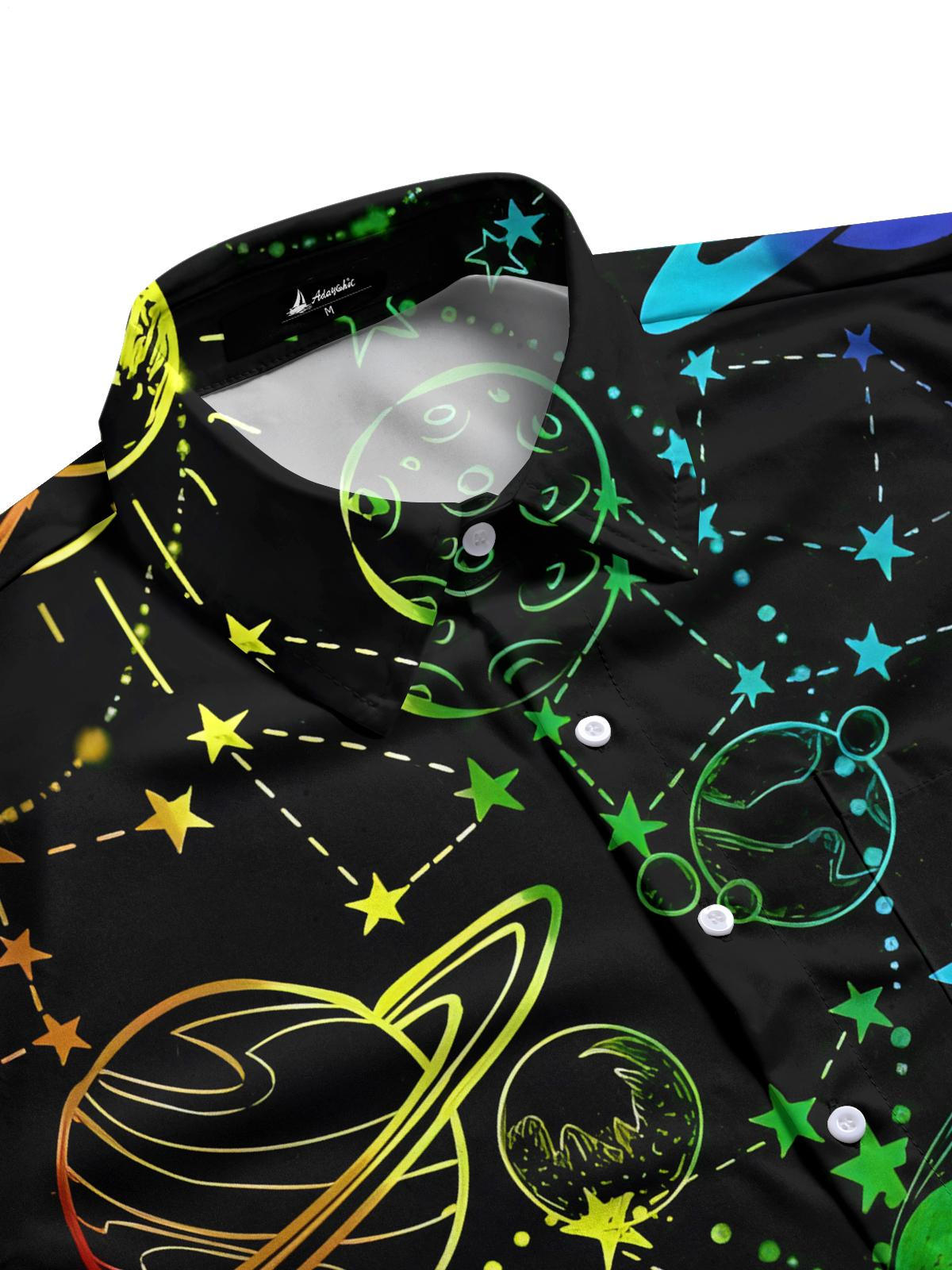 Rainbow Universe Planet Print Men's Pocket Short Sleeve Shirts